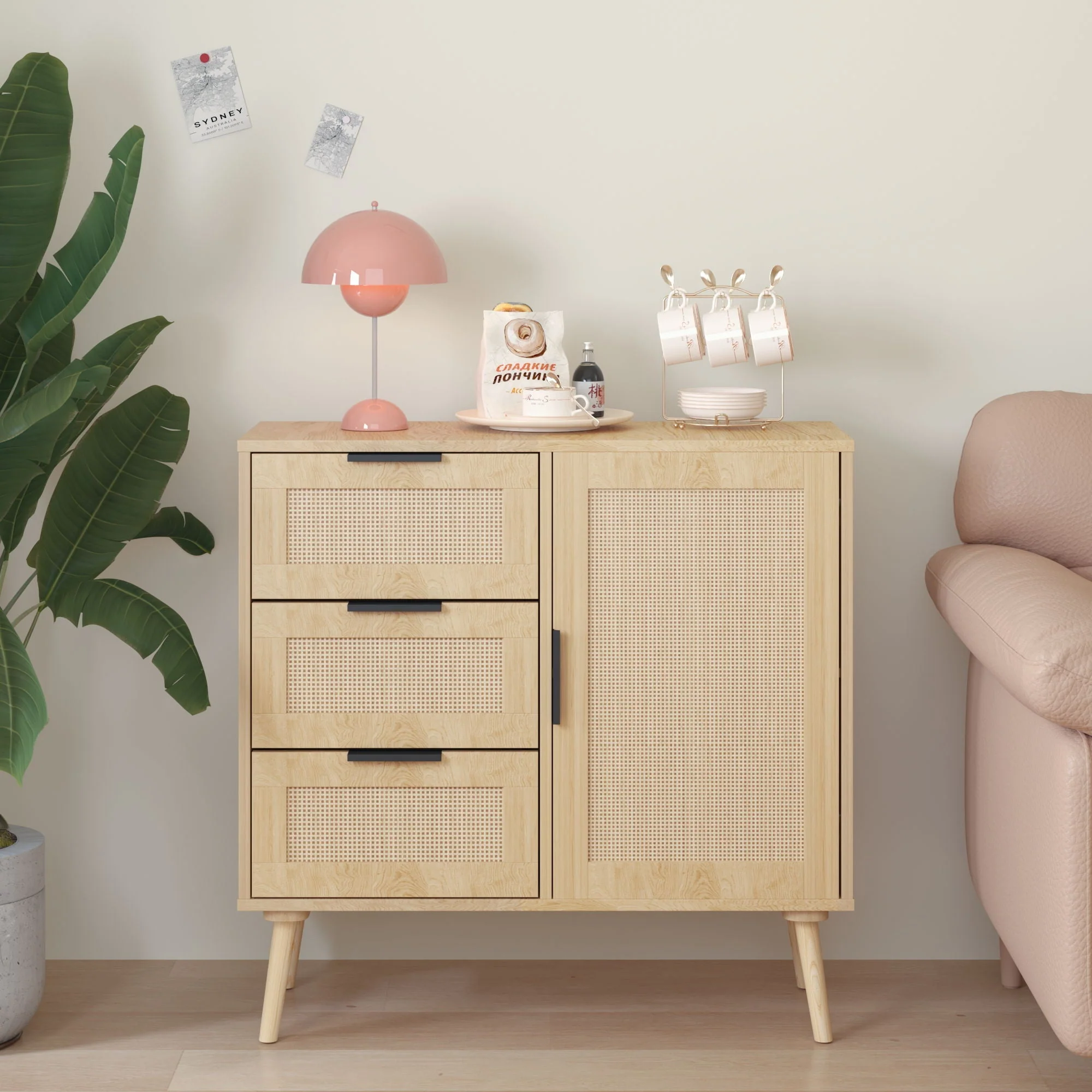 Dresser With Drawers And Adjustable Shelf - Antique Natural / Rattan - Image 3