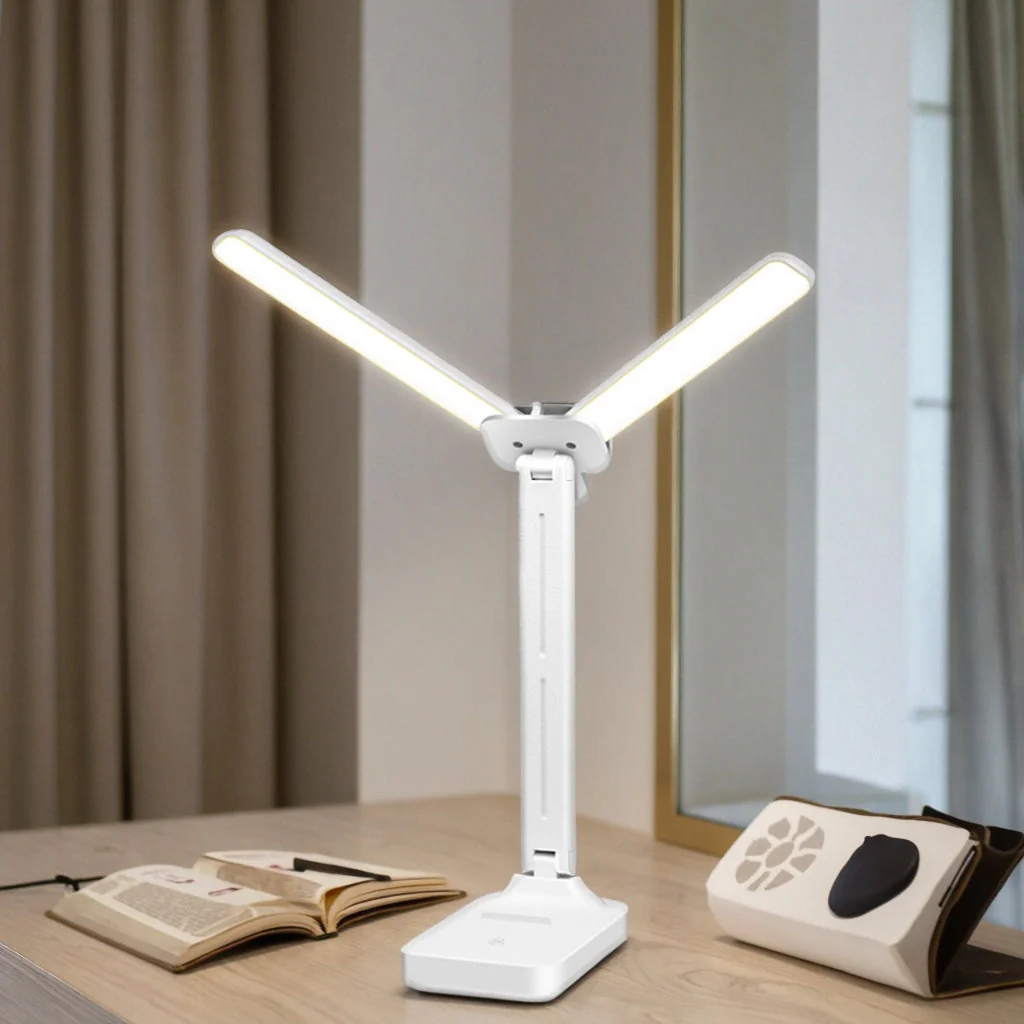 Dual Head LED Desk Lamp USB Rechargeable Foldable Dimmable Reading Light Study - Image 2