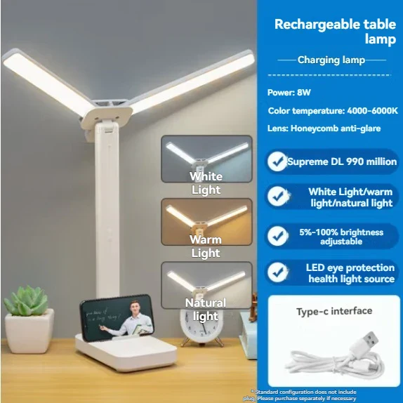 Dual Head LED Desk Lamp USB Rechargeable Foldable Dimmable Reading Light Study - Image 5