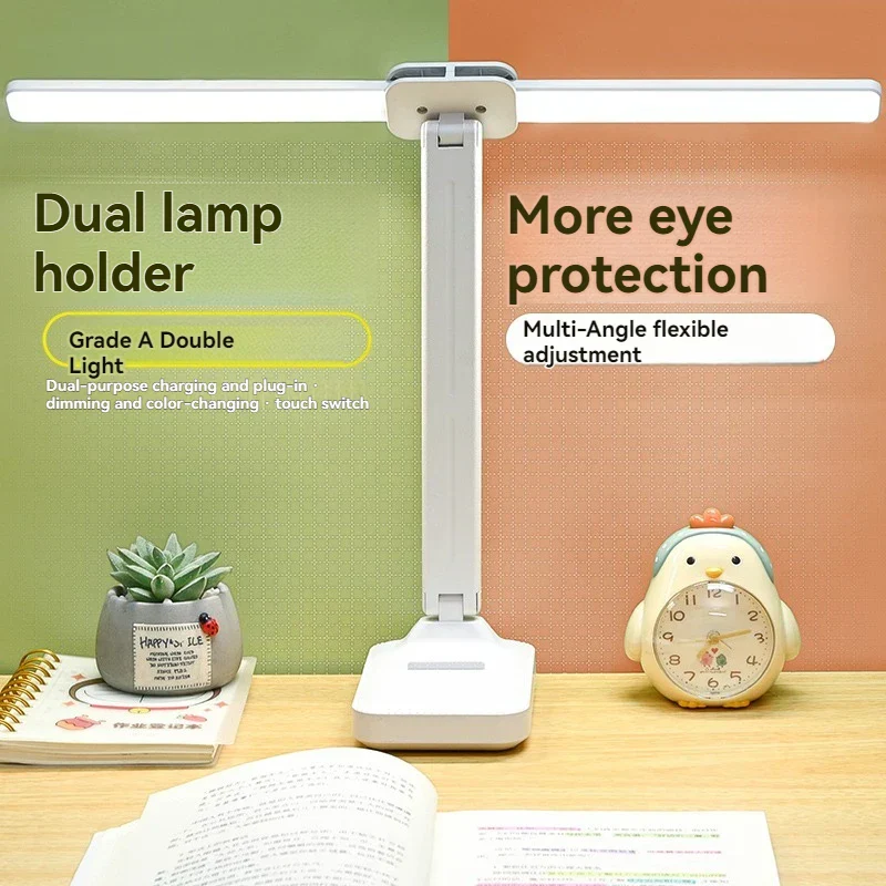 Dual Head LED Desk Lamp USB Rechargeable Foldable Dimmable Reading Light Study - Image 6
