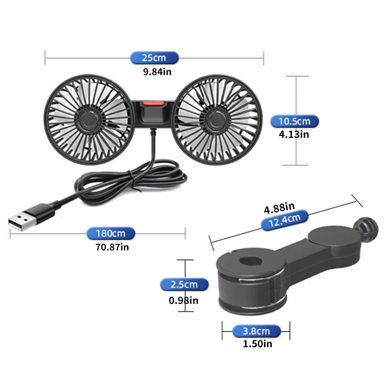 Dual Head USB Car Fan 3-Speed 360° Adjustable Portable - Image 7