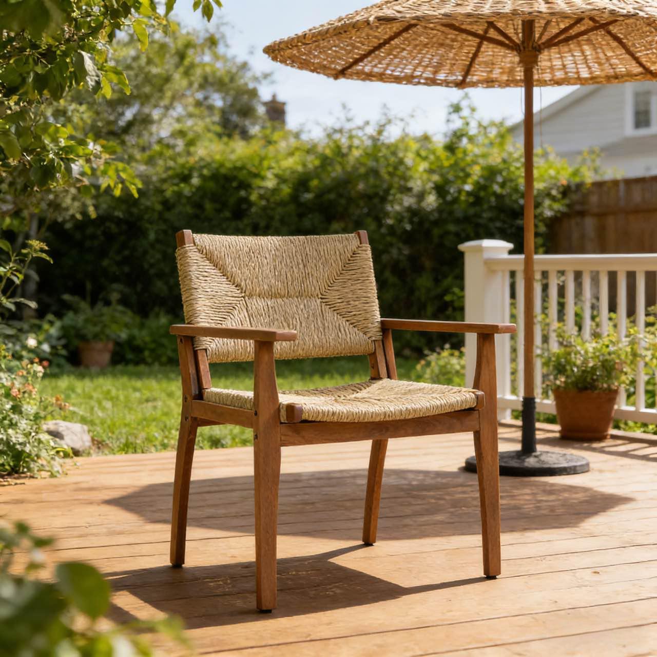 Durable Outdoor Dining Chair with Acacia Wood Frame and Wicker Seat - Image 3