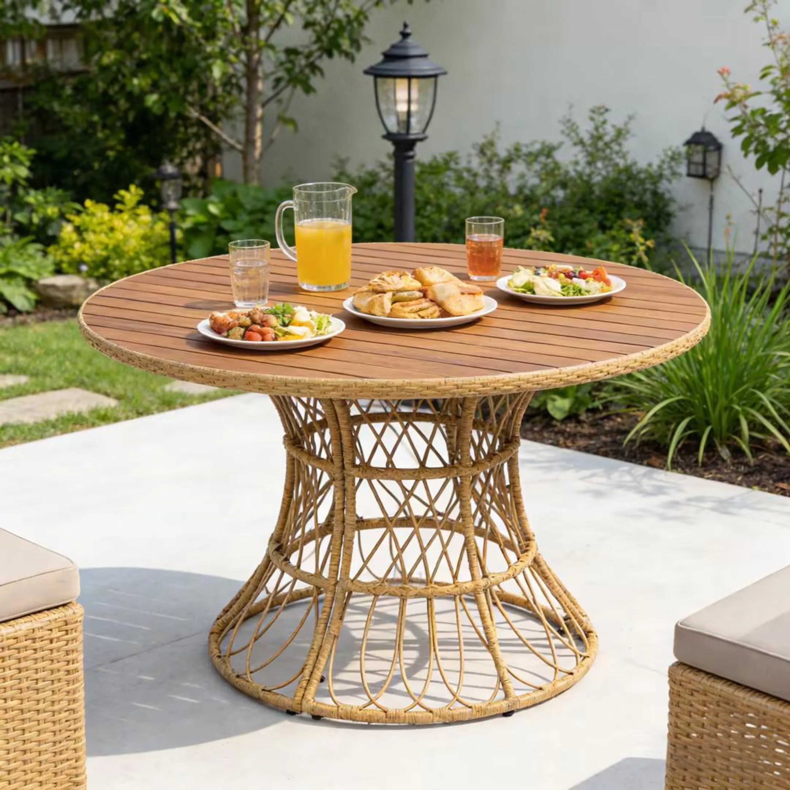 Durable Outdoor Dining Table with Round Acacia Wood Top and Wicker Base - Image 2