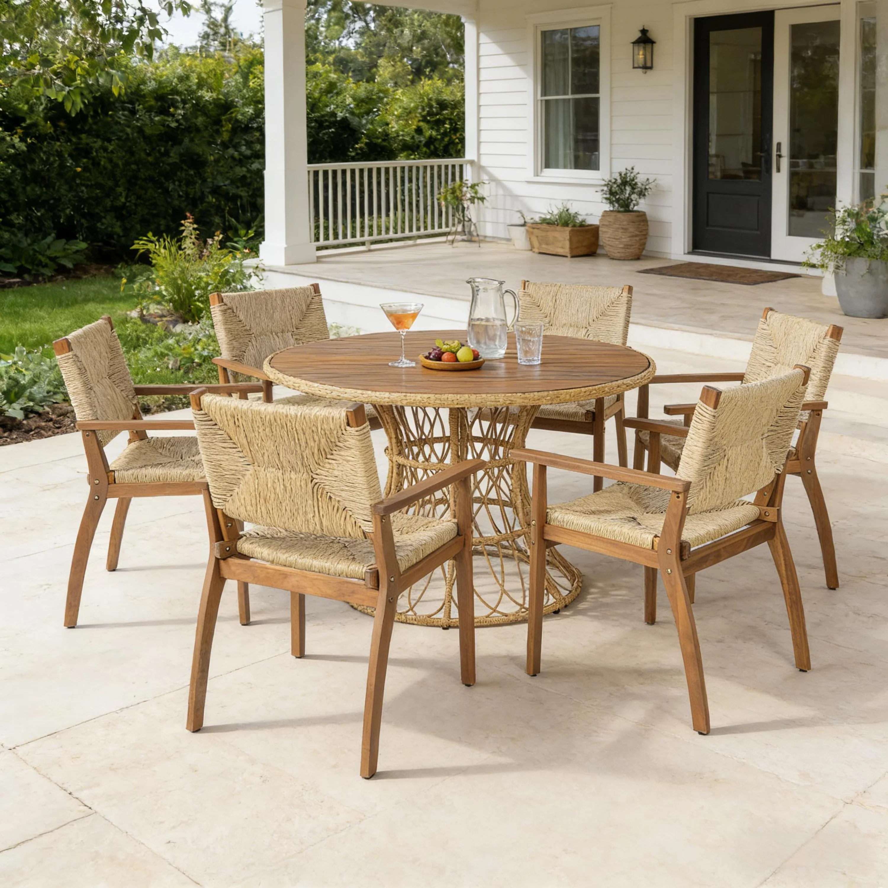 Durable Outdoor Dining Table with Round Acacia Wood Top and Wicker Base - Image 3