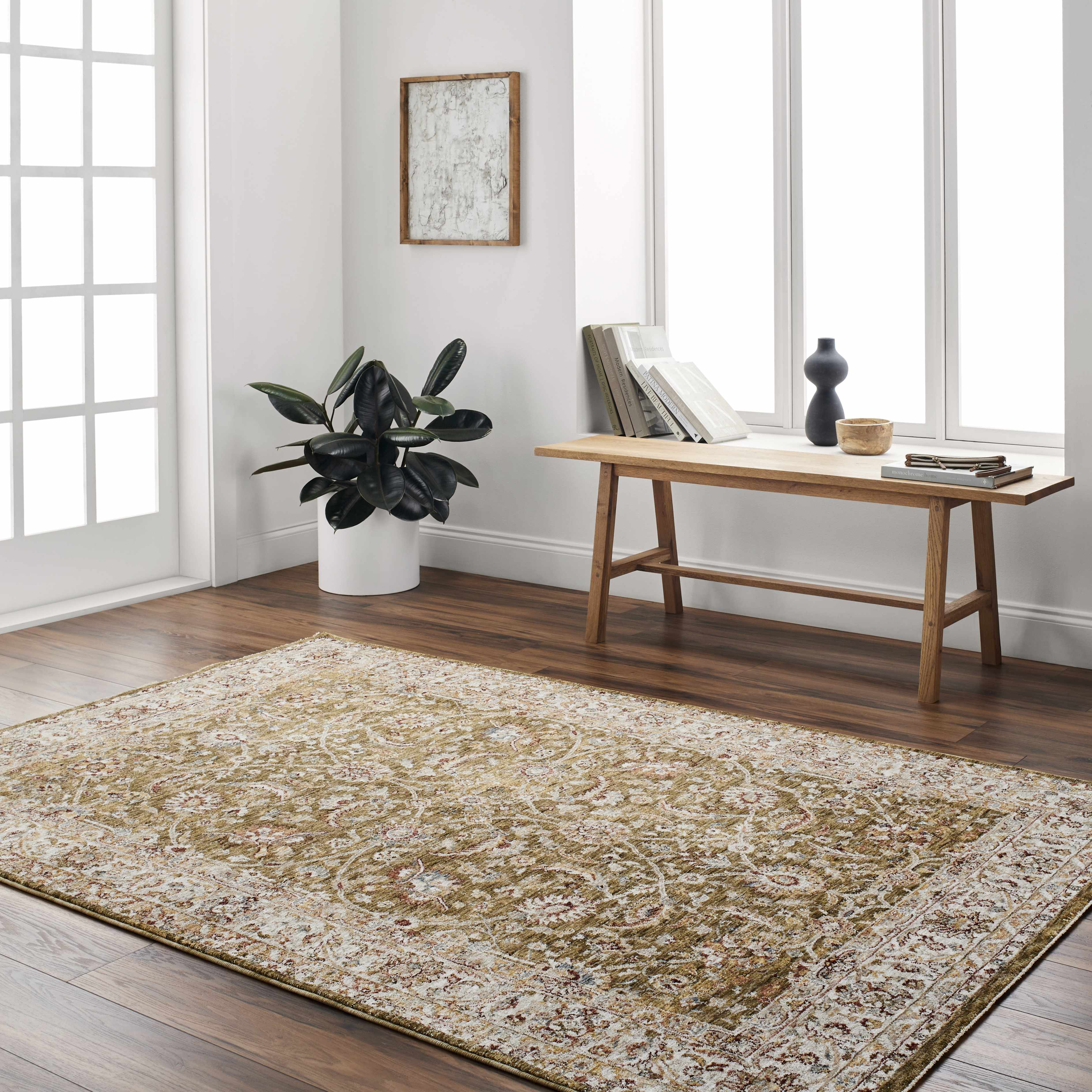 Dyan Green Textured Rug with Fringes - Image 2