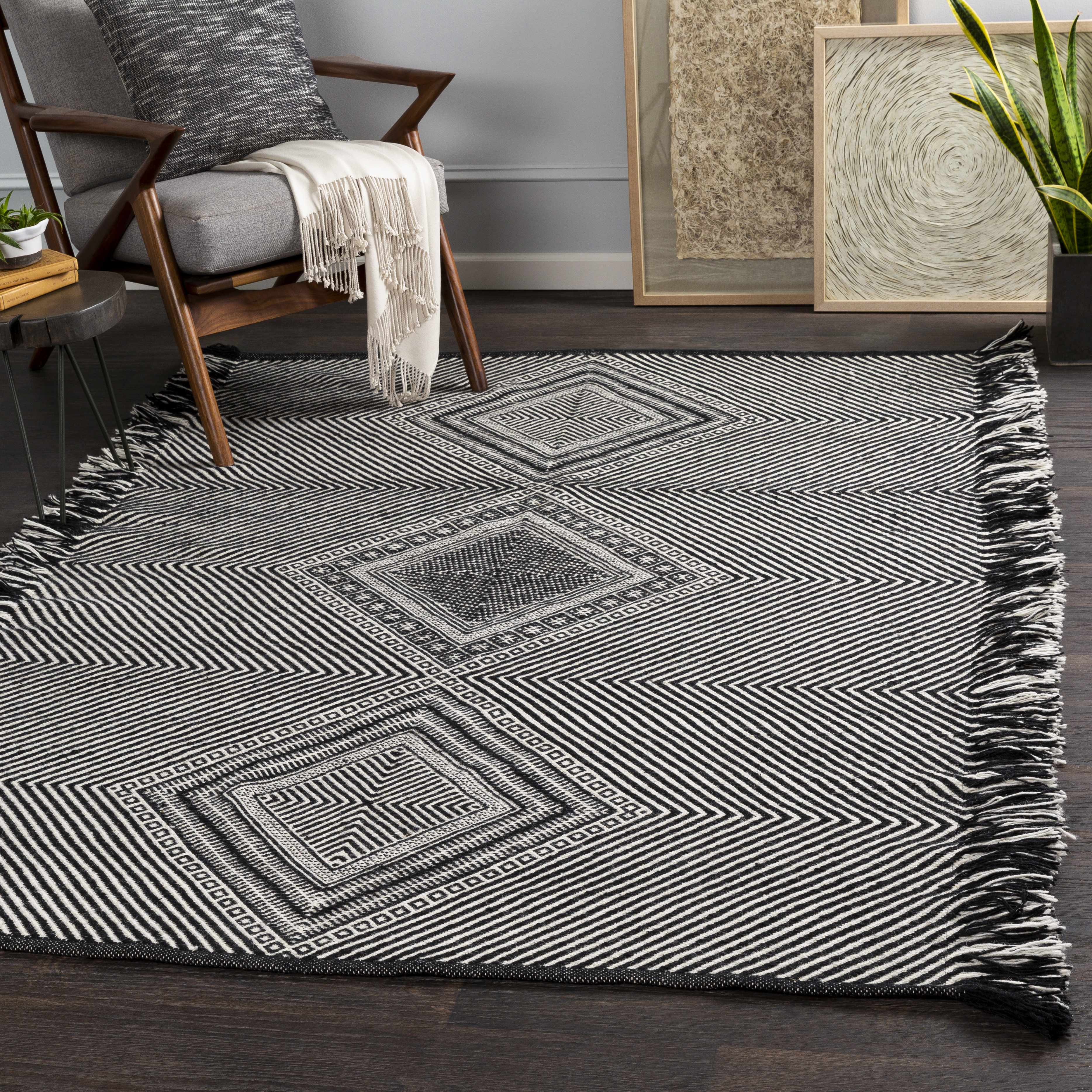 Eaglesham Black&White Flatweave Tassel Wool Rug - Clearance - Image 2