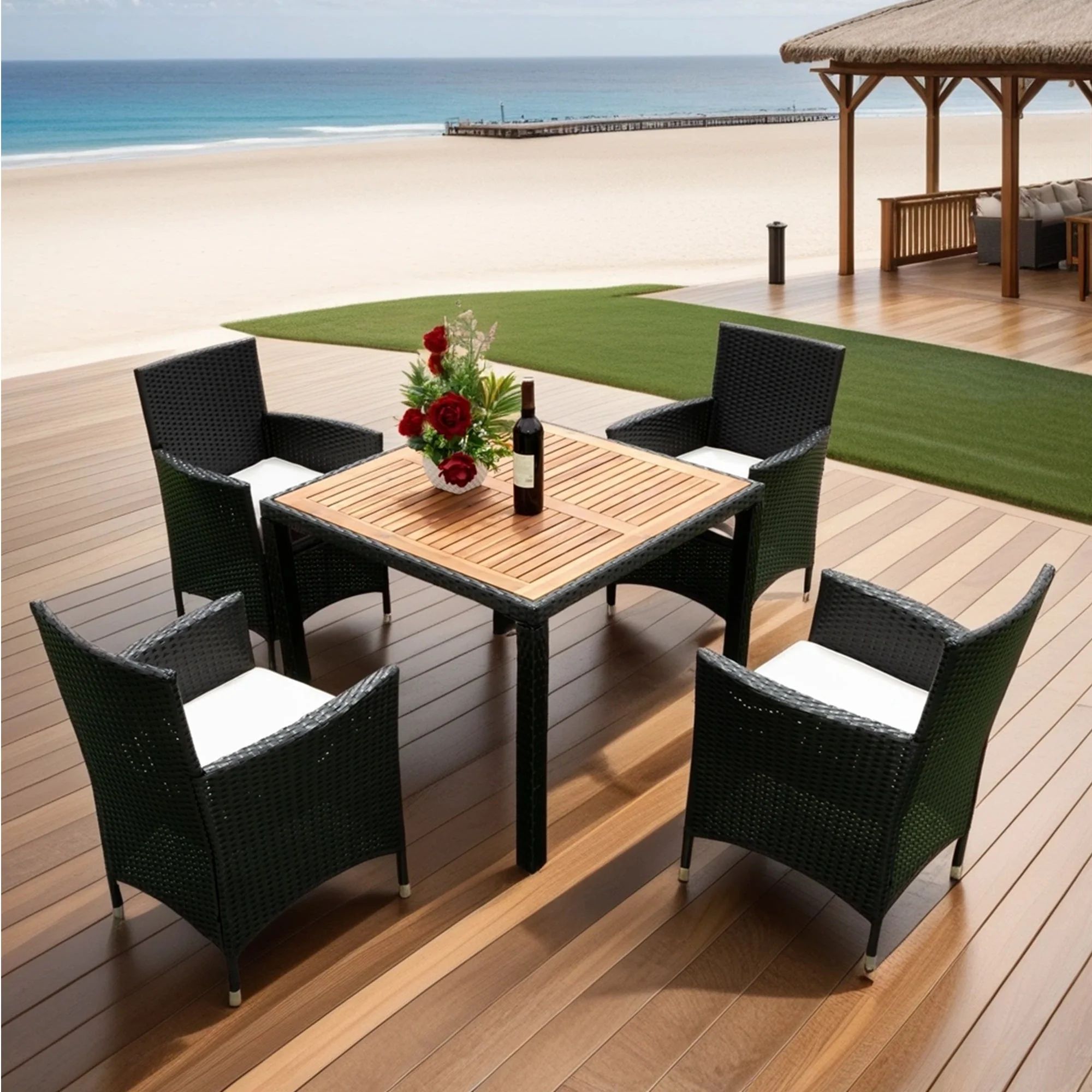 EELIFEE 5-Piece Outdoor Patio Wicker Dining Set with Acacia Wood Top - Image 2