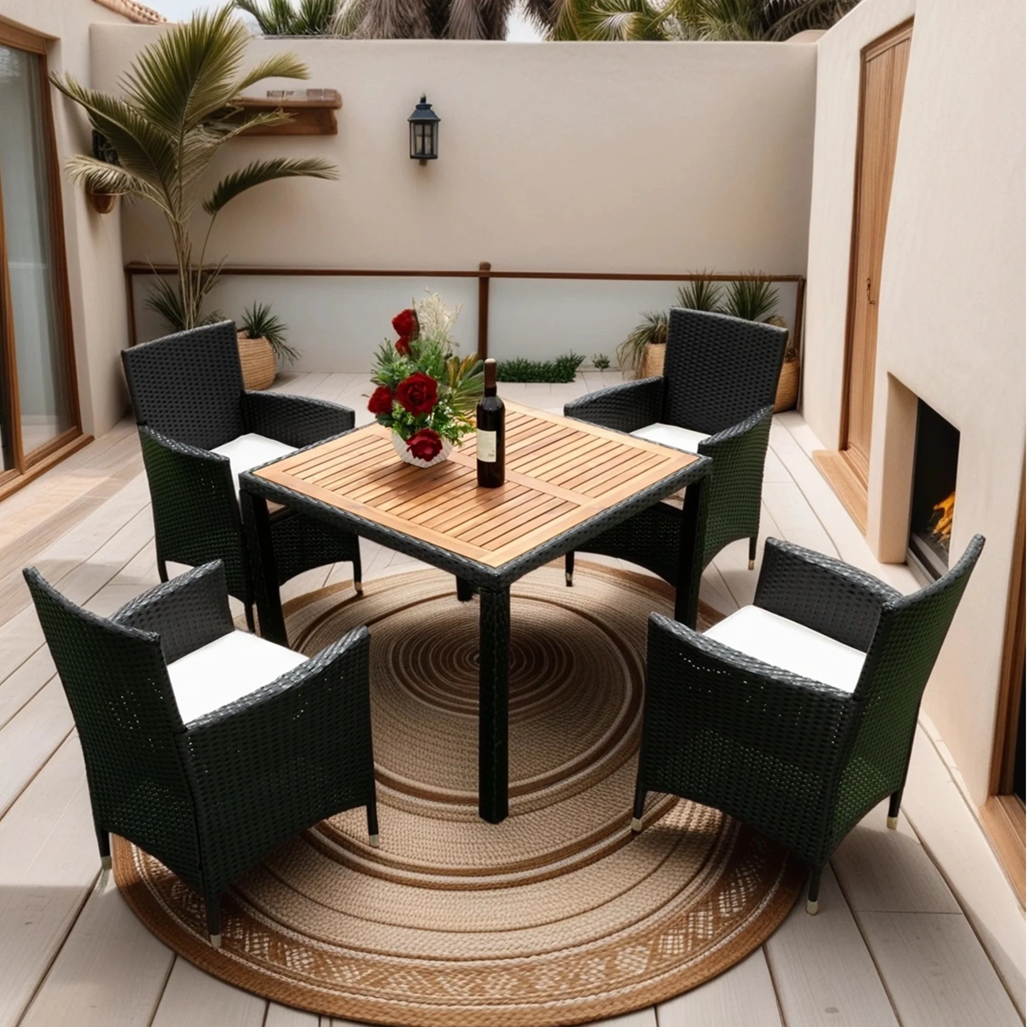 EELIFEE 5-Piece Outdoor Patio Wicker Dining Set with Acacia Wood Top - Image 4