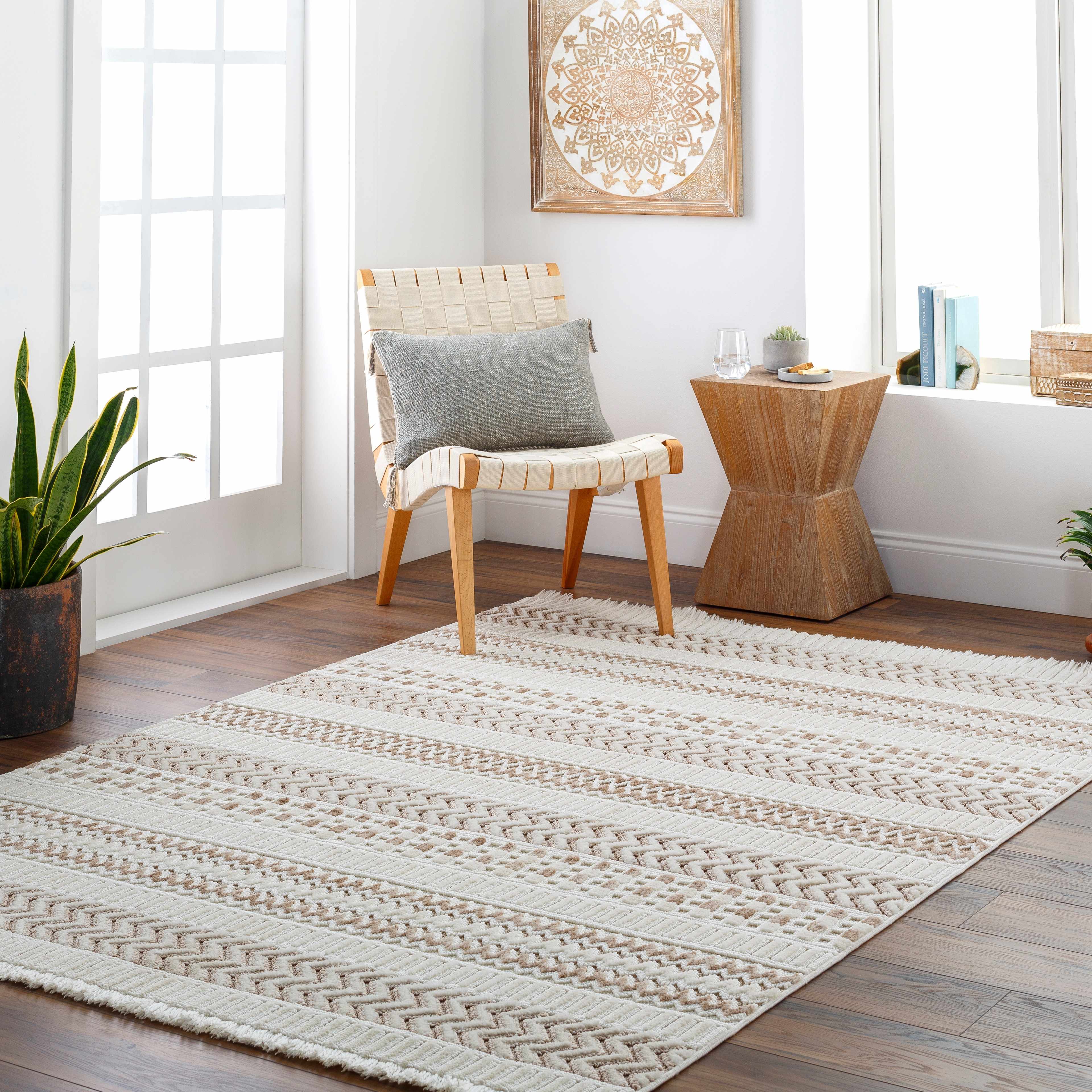 Eiko Beige Textured Saxony Rug with Fringes - Clearance - Image 2