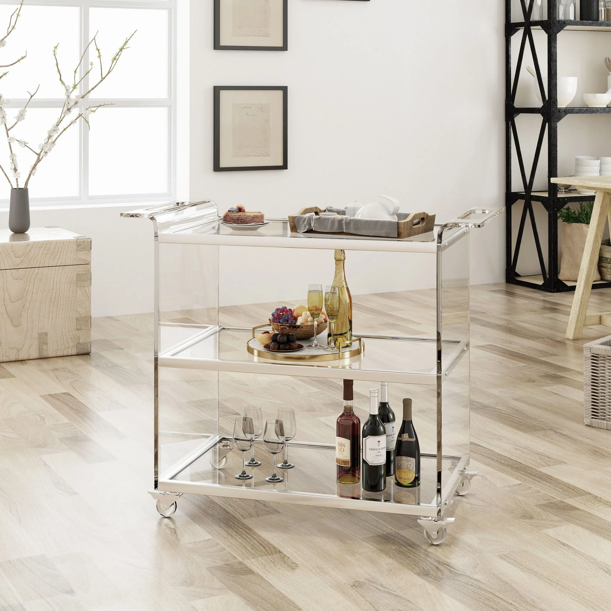 Elegant Acrylic Bar Cart With Tempered Glass Shelves And Rattan Metal Frame - Clear - Image 2