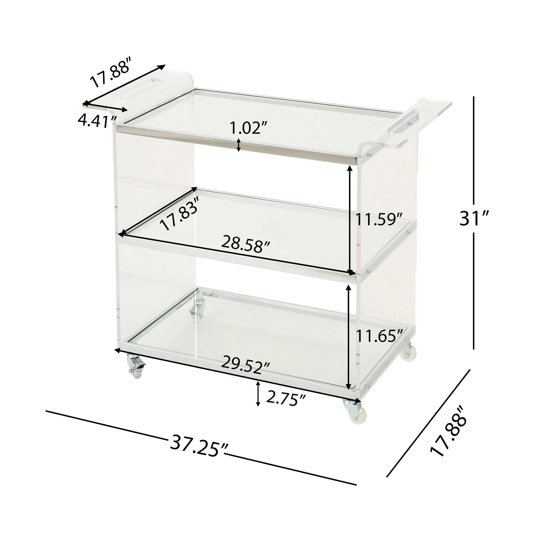 Elegant Acrylic Bar Cart With Tempered Glass Shelves And Rattan Metal Frame - Clear - Image 4