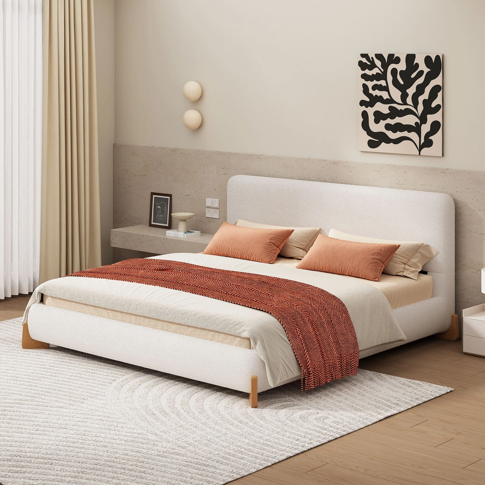Elegant Boucle Upholstered Bed With Solid Wood Feet - Image 4
