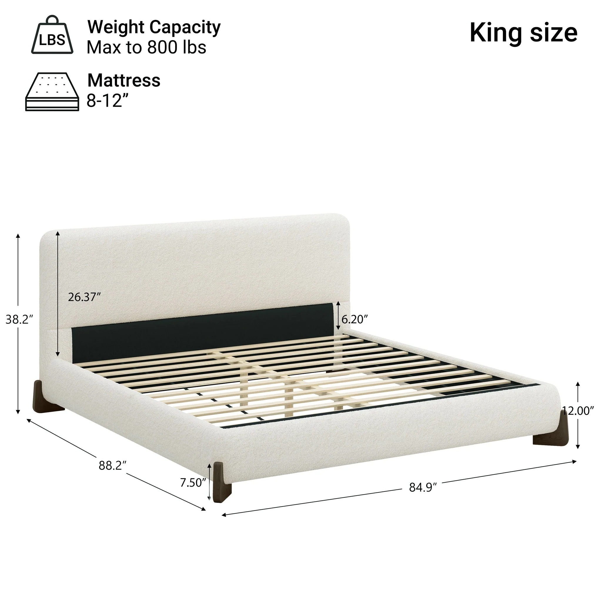 Elegant Boucle Upholstered Bed With Solid Wood Legs - Image 2
