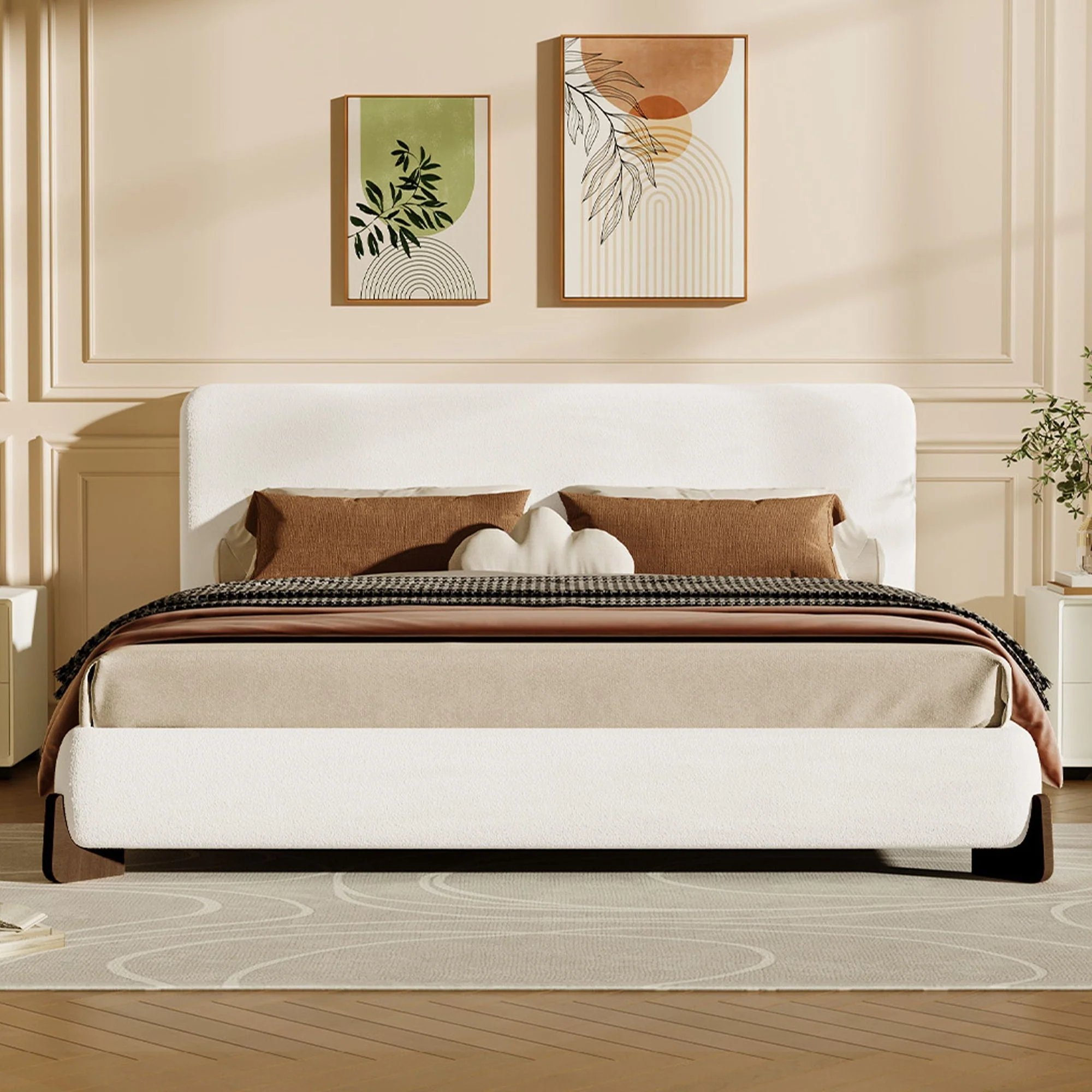 Elegant Boucle Upholstered Bed With Solid Wood Legs - Image 4