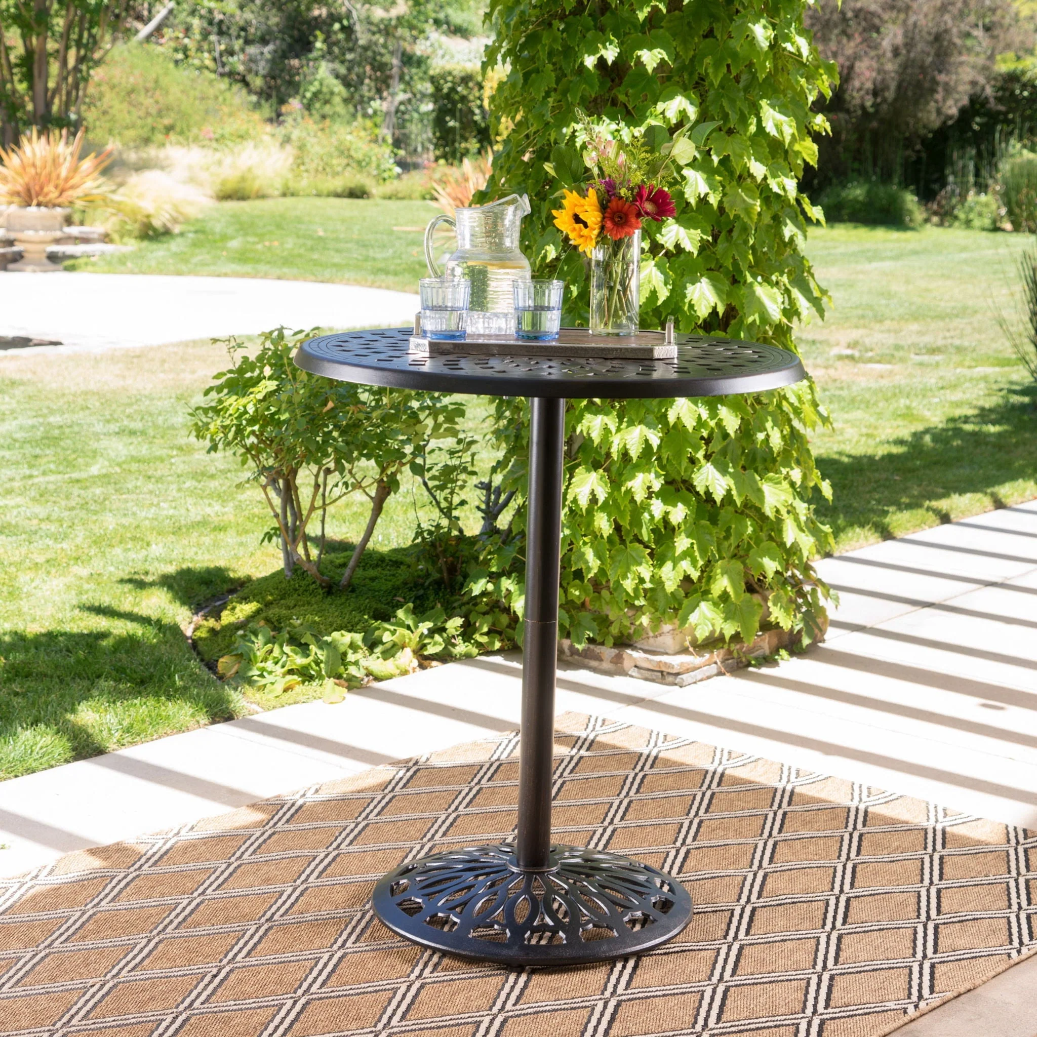 Elegant Cast Aluminum Round Bar Table With Romantic Filigree Design - Copper - Image 2