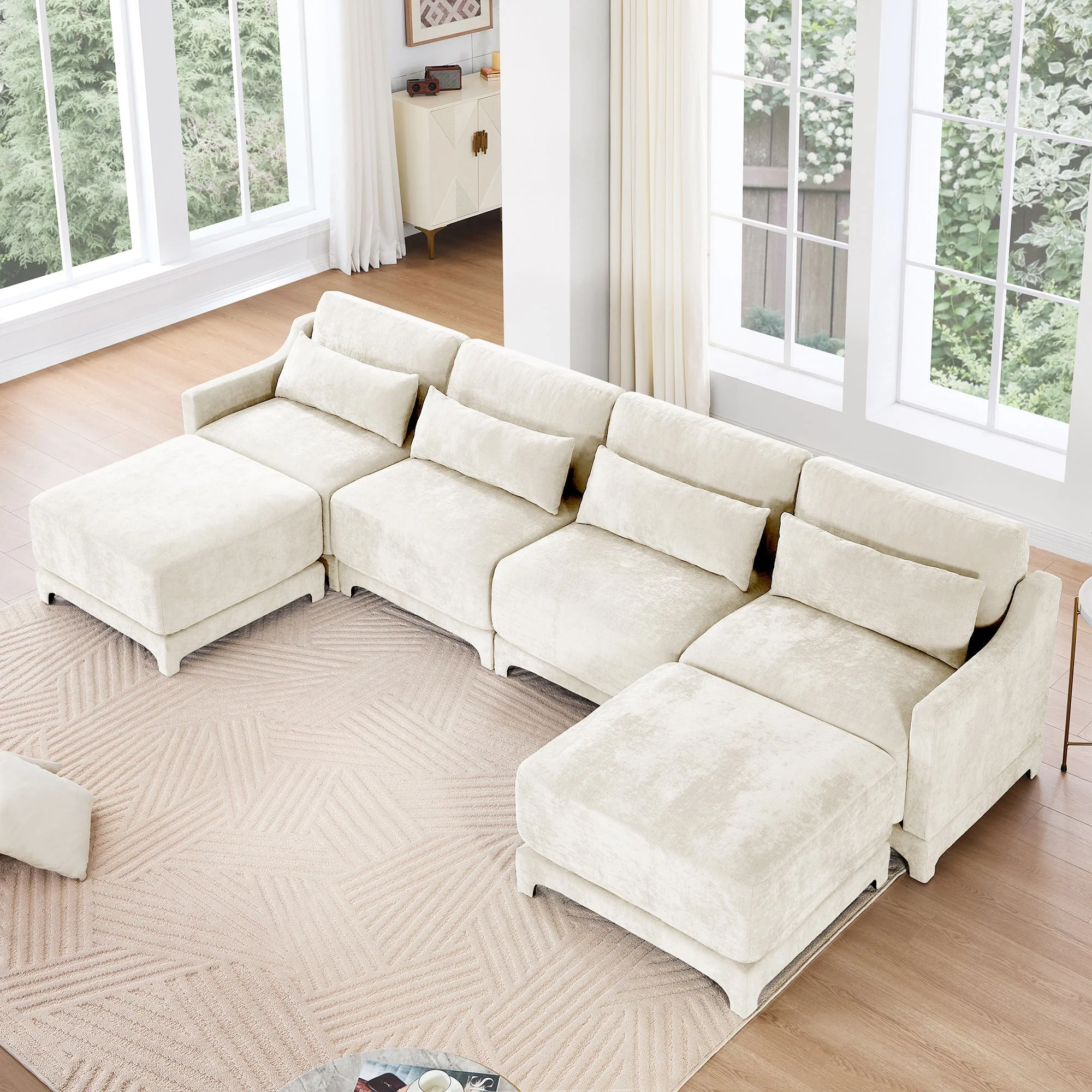 Elegant Four-Seater Sofa with Movable Ottoman and Lumbar Pillow - Image 2