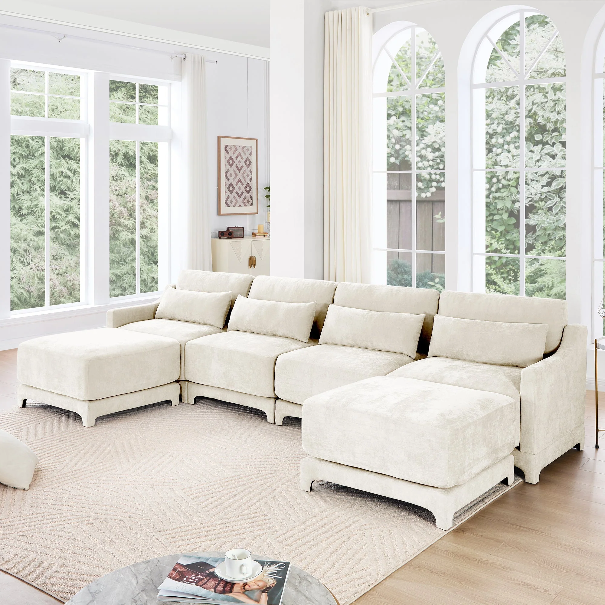 Elegant Four-Seater Sofa with Movable Ottoman and Lumbar Pillow - Image 4