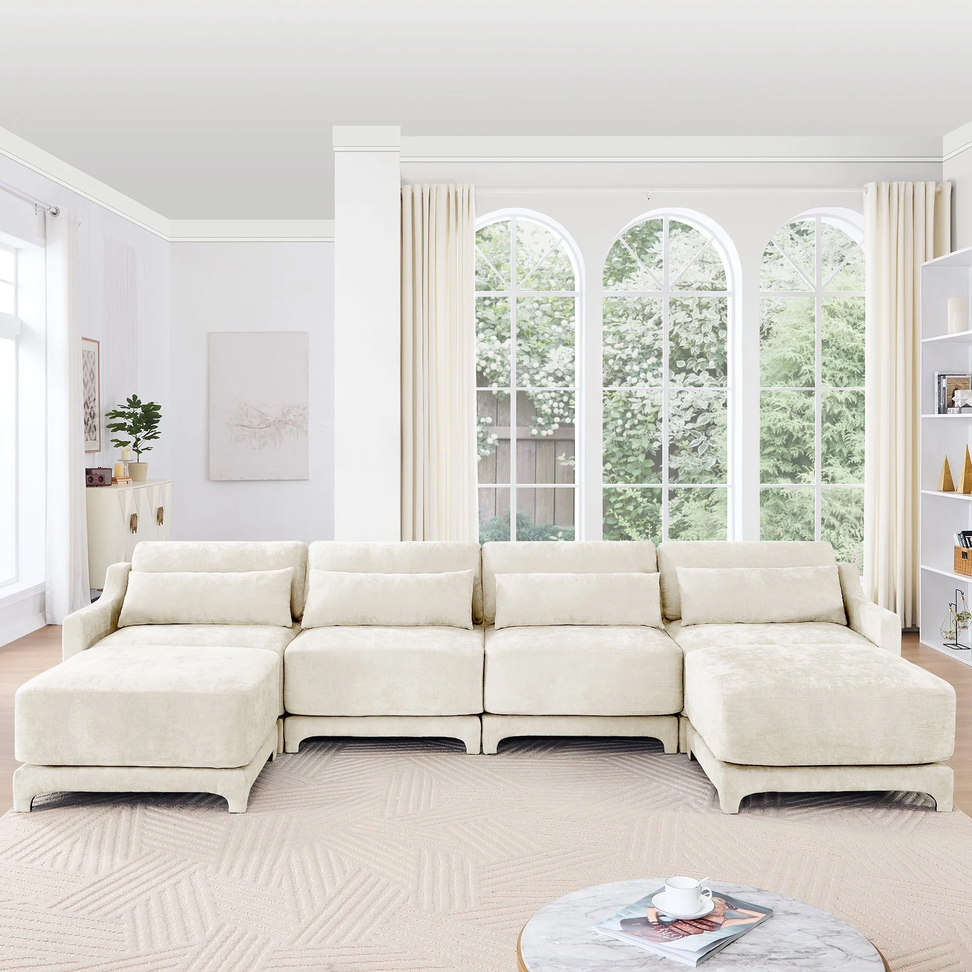 Elegant Four-Seater Sofa with Movable Ottoman and Lumbar Pillow - Image 5