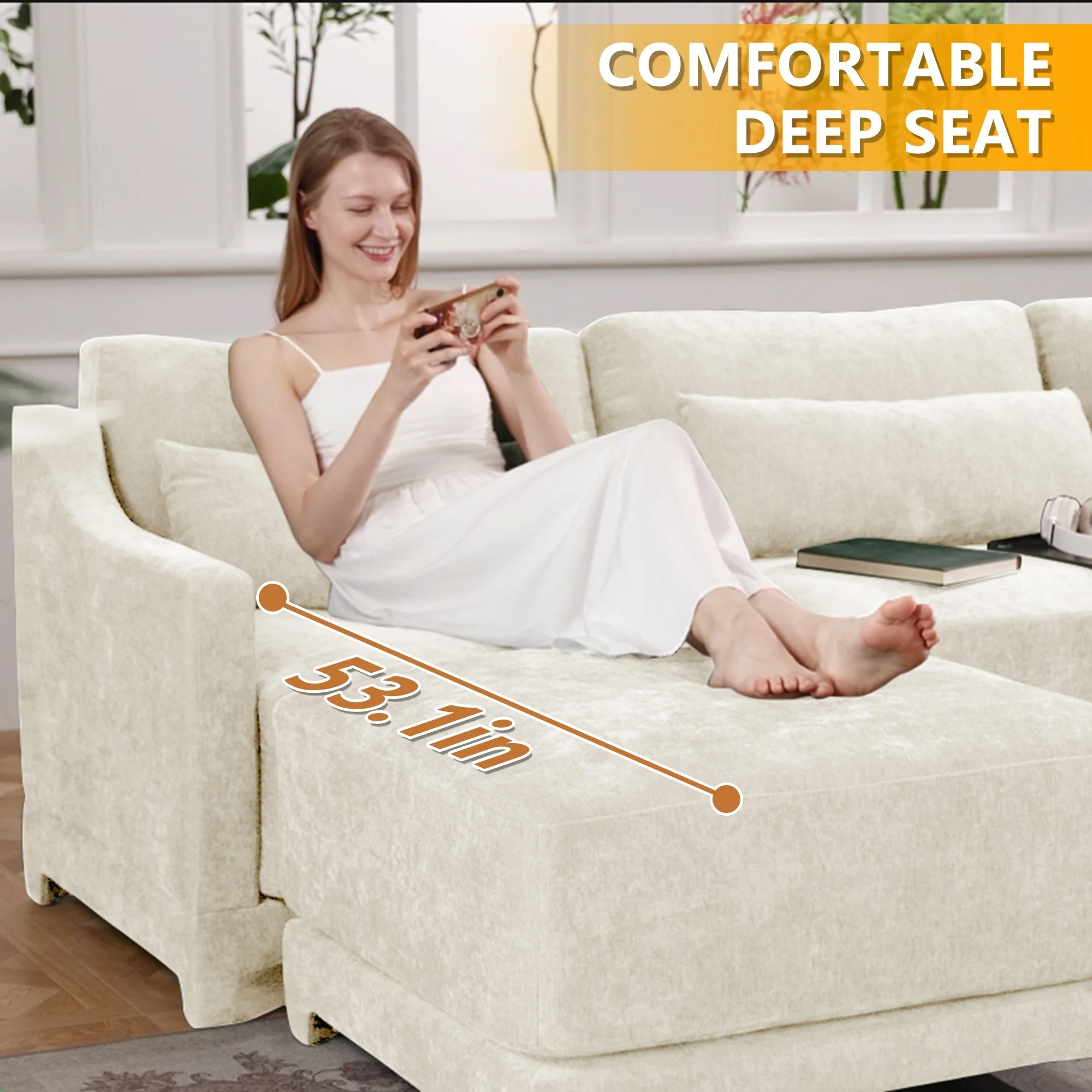 Elegant Four-Seater Sofa with Movable Ottoman and Lumbar Pillow - Image 7