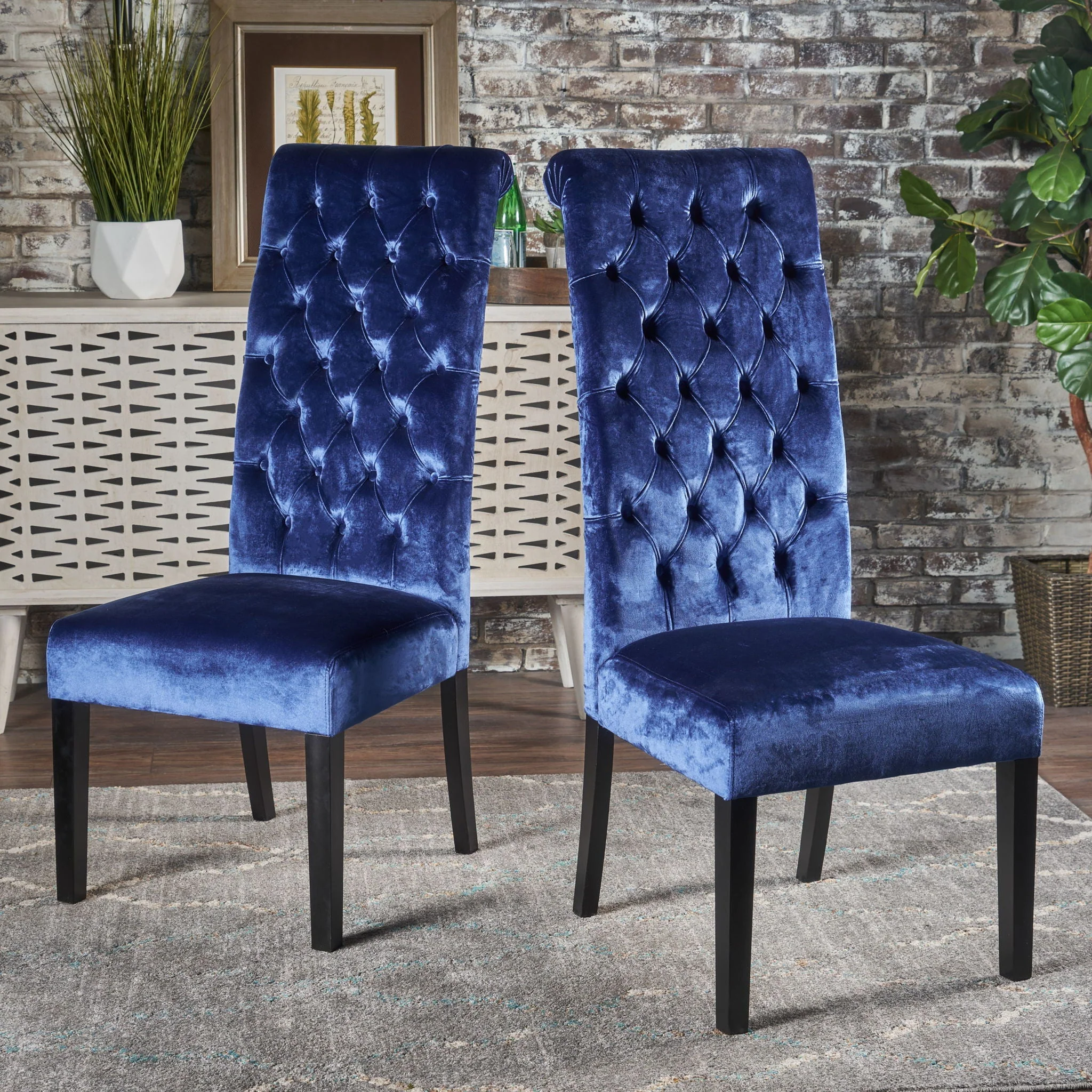 Elegant George Hi Back Dining Chair (Set of 2) with Tufted Velvet - Navy Blue - Image 2