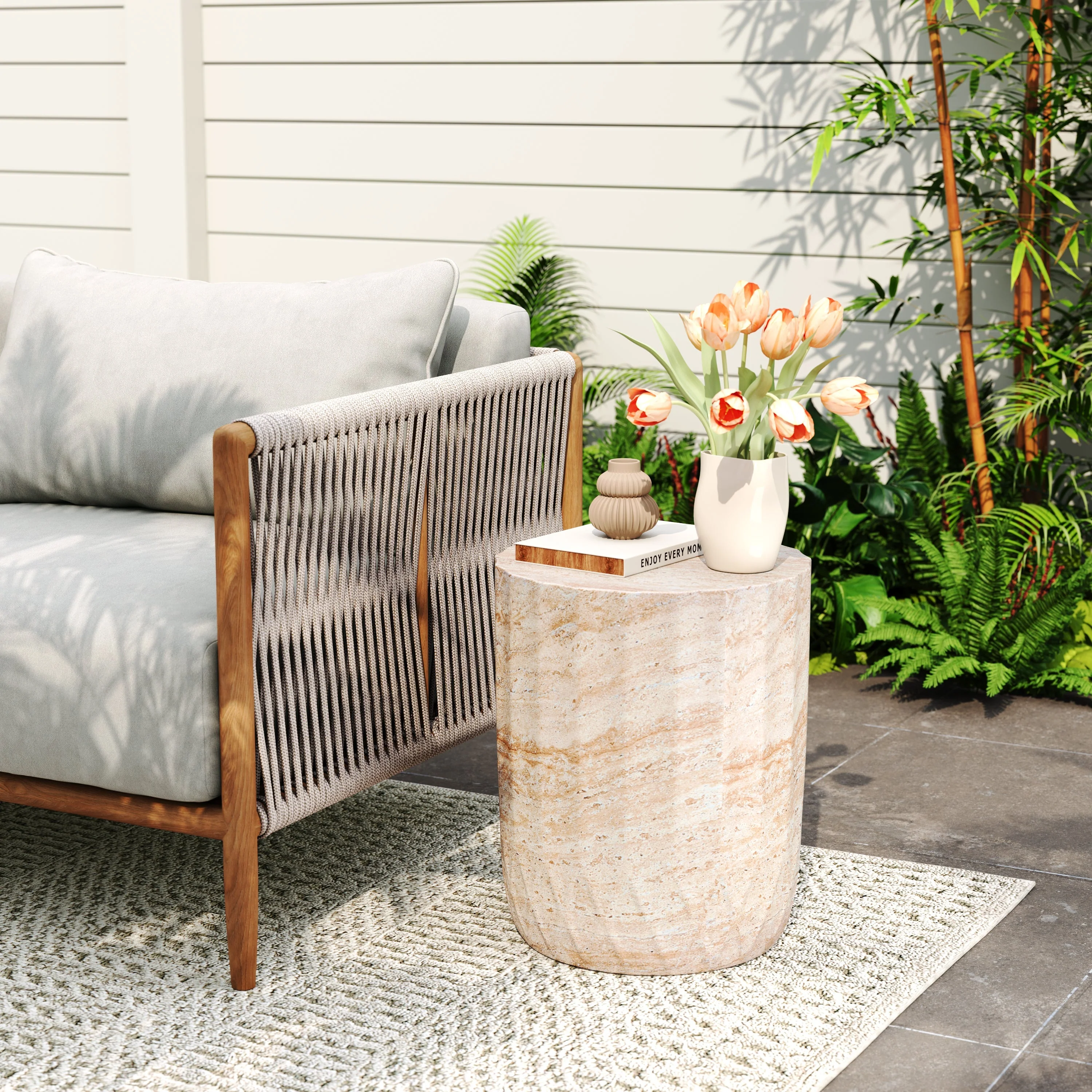 Elegant Indoor/Outdoor Lightweight Concrete Cylinder Side Table with Travertine Finish - Image 2