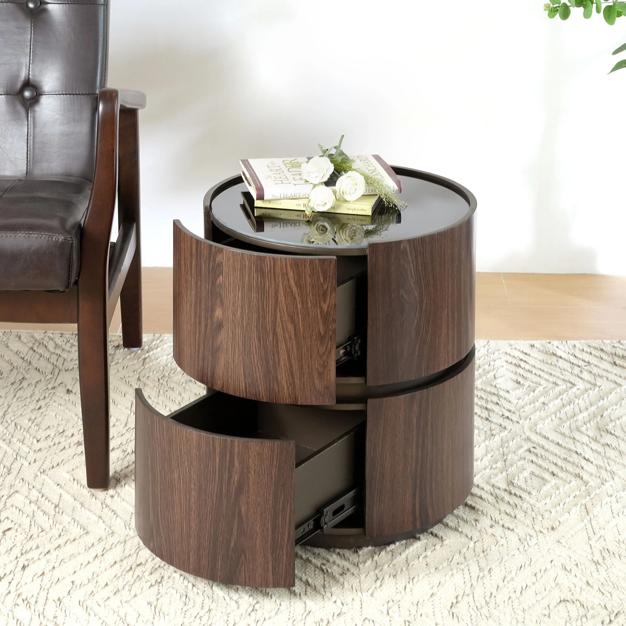 Elegant Italian High Grade Double Layer Storage Round Side Table - Brown / Black - Image 3