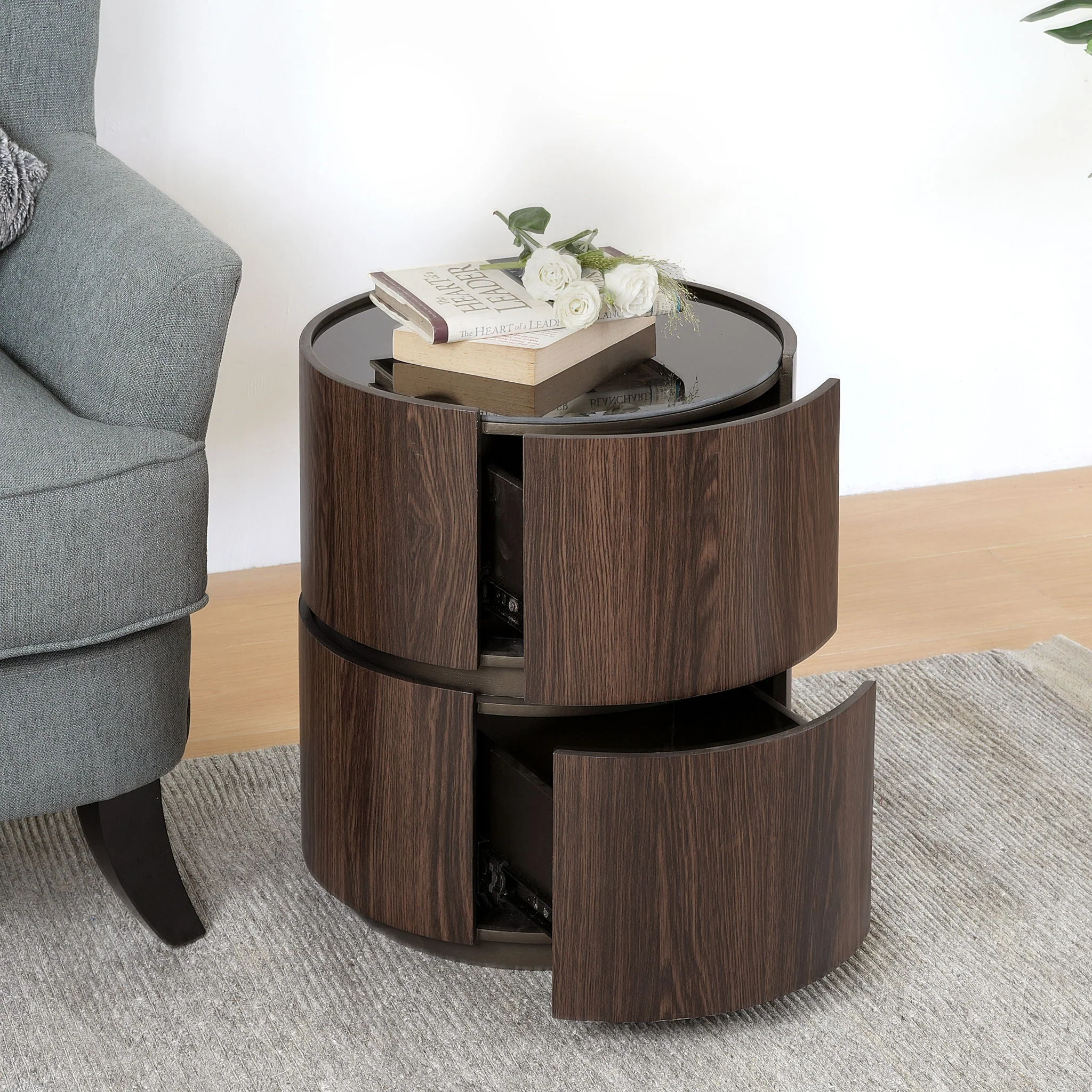 Elegant Italian High Grade Double Layer Storage Round Side Table - Brown / Black - Image 4