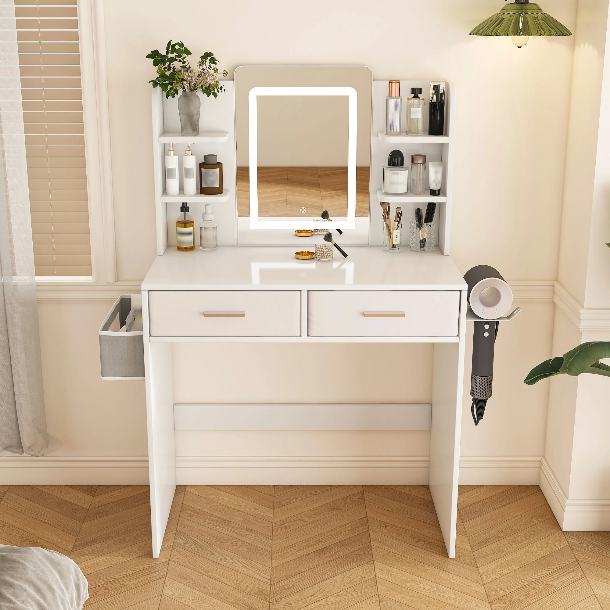 Elegant LED Mirror Vanity Dressing Table With Adjustable Lights, Drawers & Storage - White - Image 4