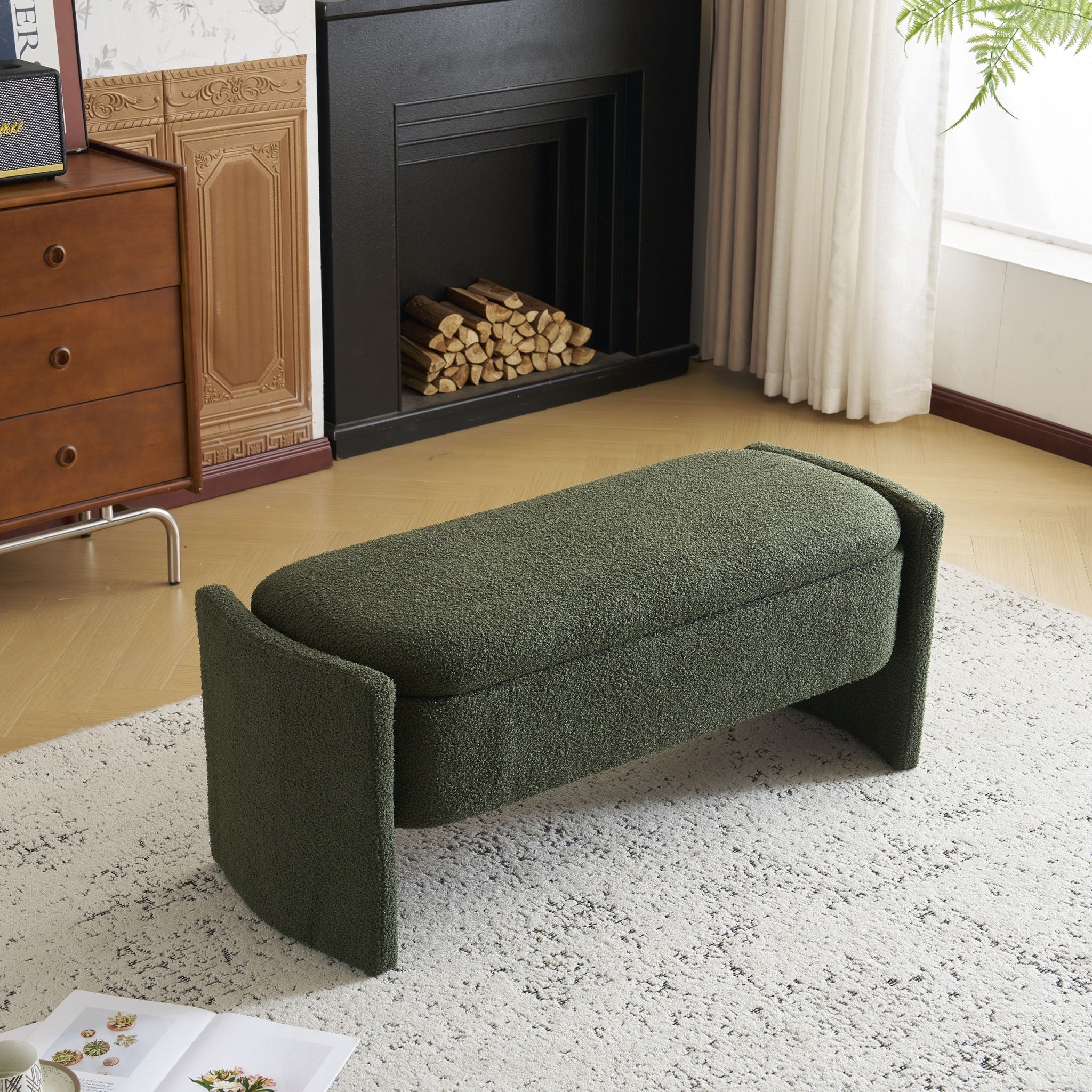 Elegant Long Shaped Storage Ottoman Bench, Boucle Material, Dark Green - Image 2