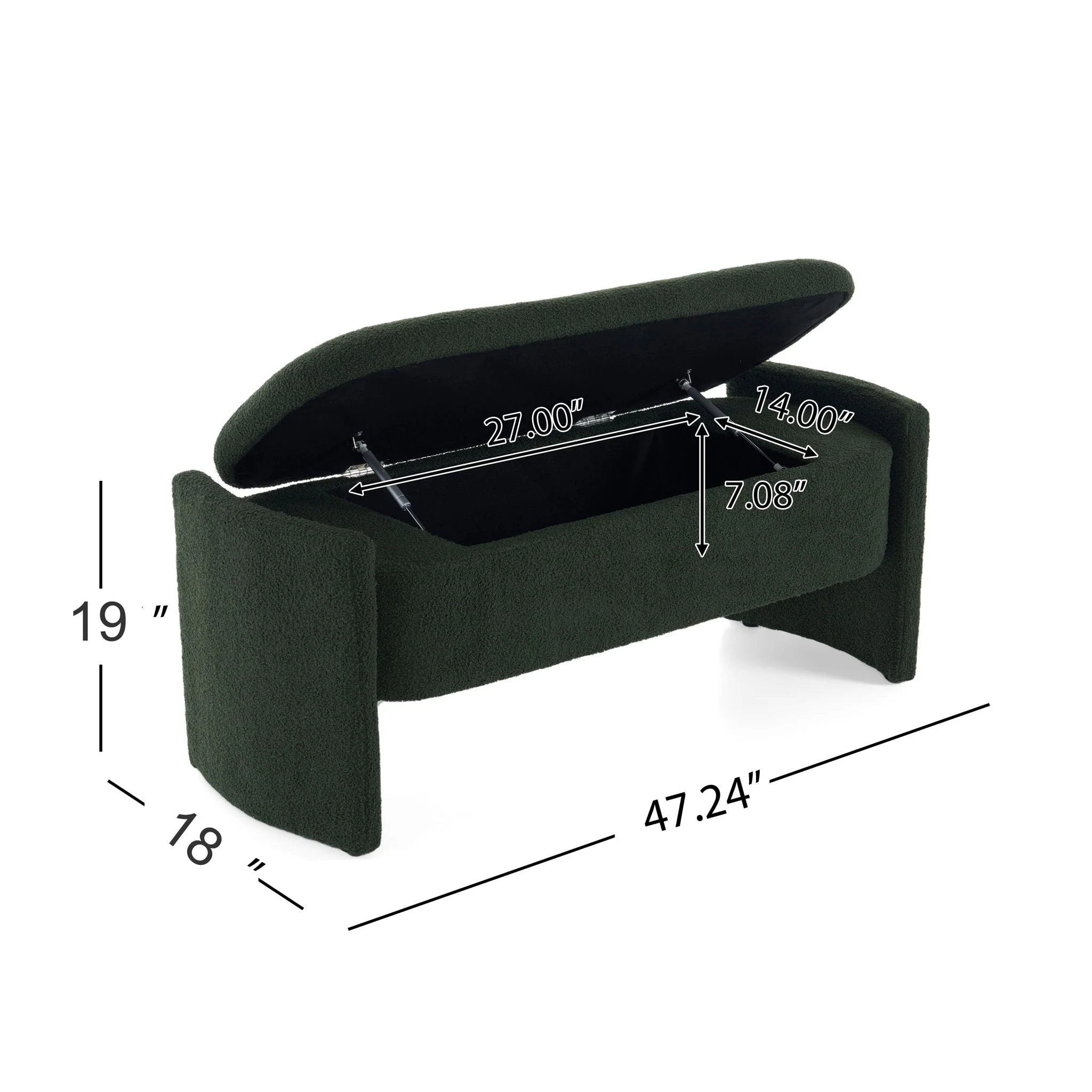 Elegant Long Shaped Storage Ottoman Bench, Boucle Material, Dark Green - Image 4