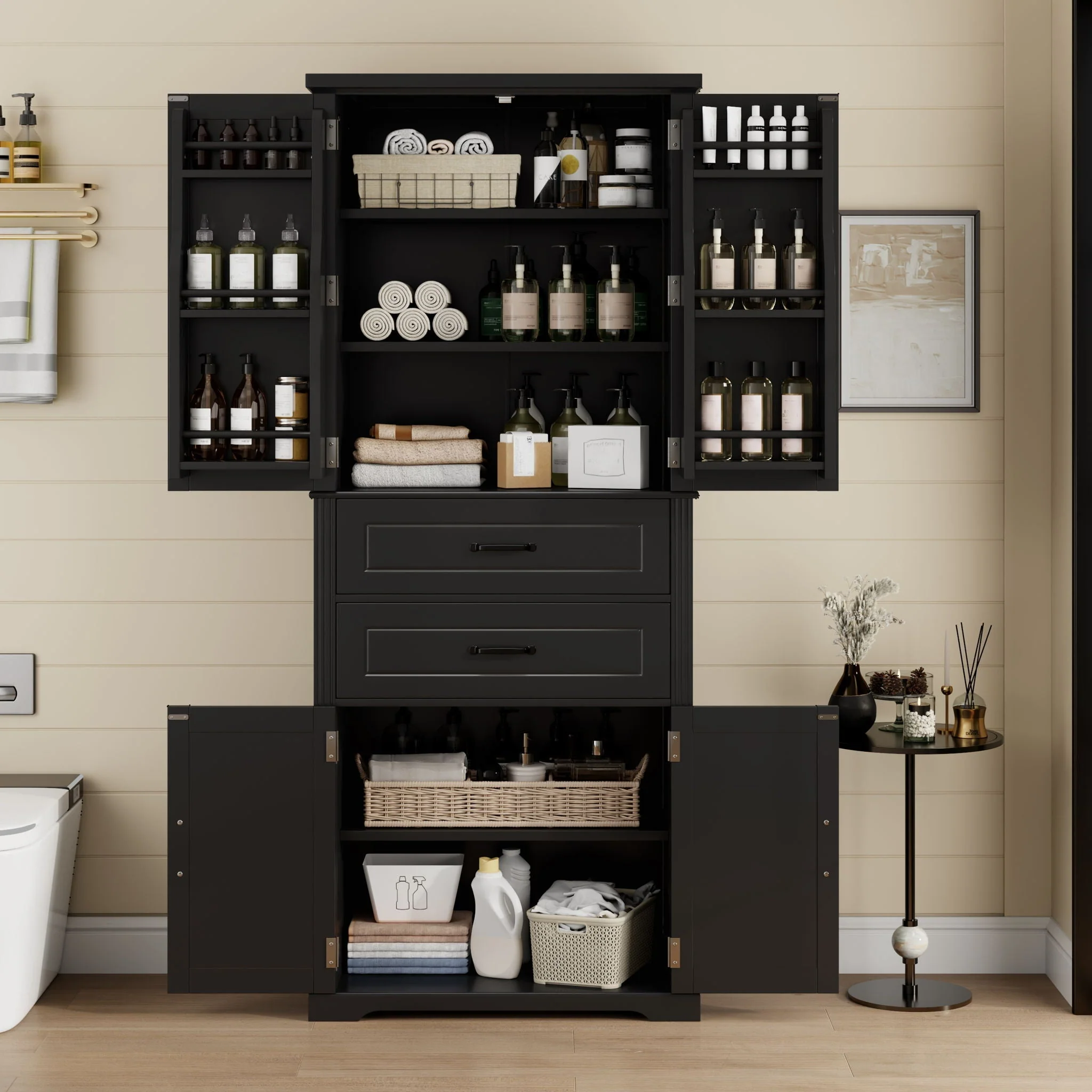 Elegant Multi Functional Storage Cabinet With Slide Rail Drawers, Adjustable Shelves - Image 2