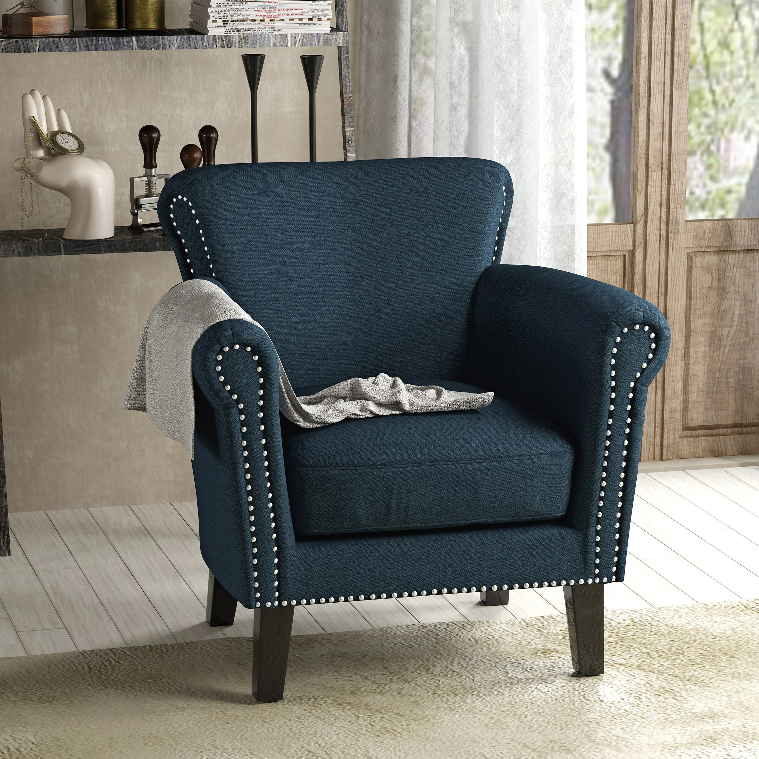 Elegant Navy Blue Fabric Club Chair with Nailhead Trim and Birch Wood Legs - Image 2