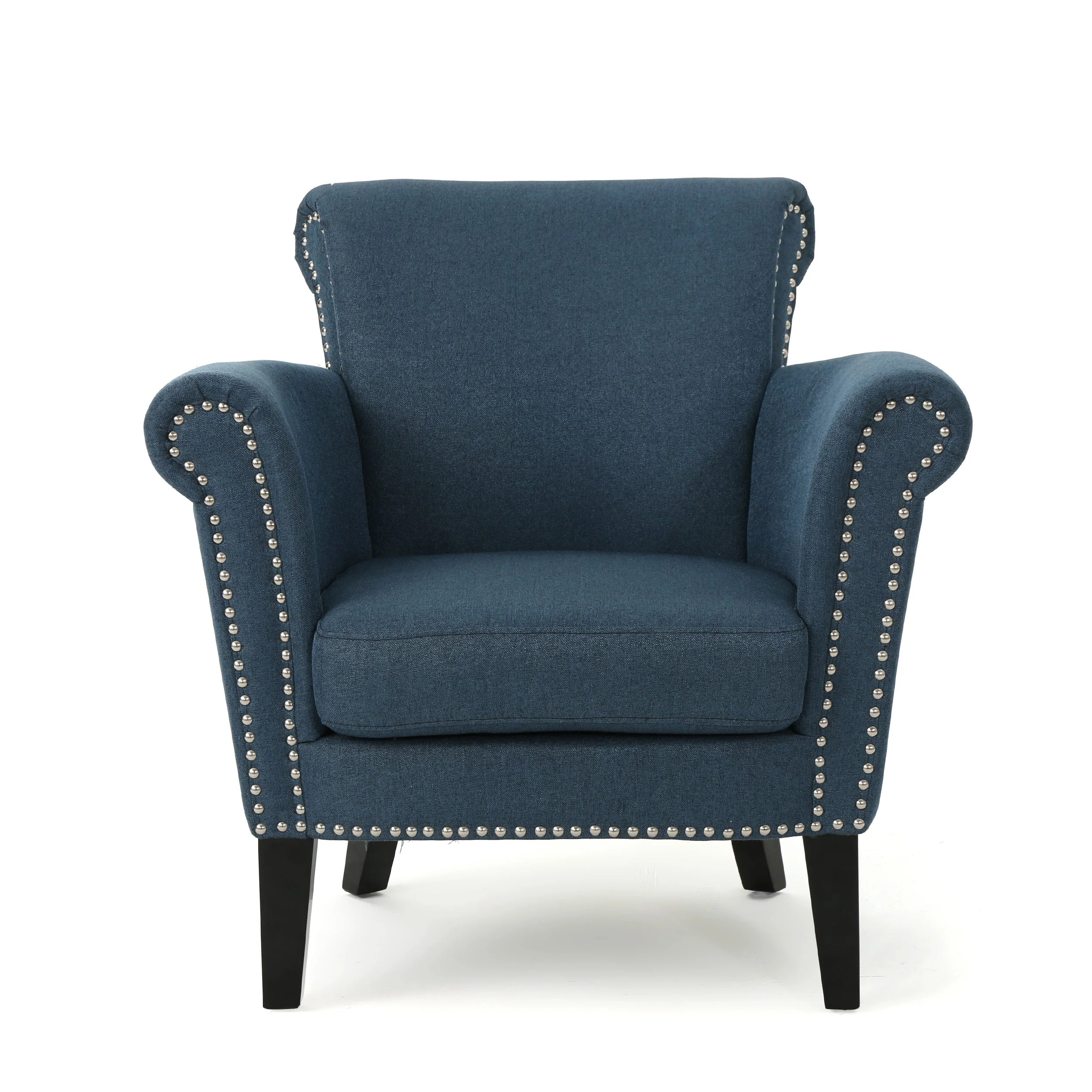Elegant Navy Blue Fabric Club Chair with Nailhead Trim and Birch Wood Legs - Image 4