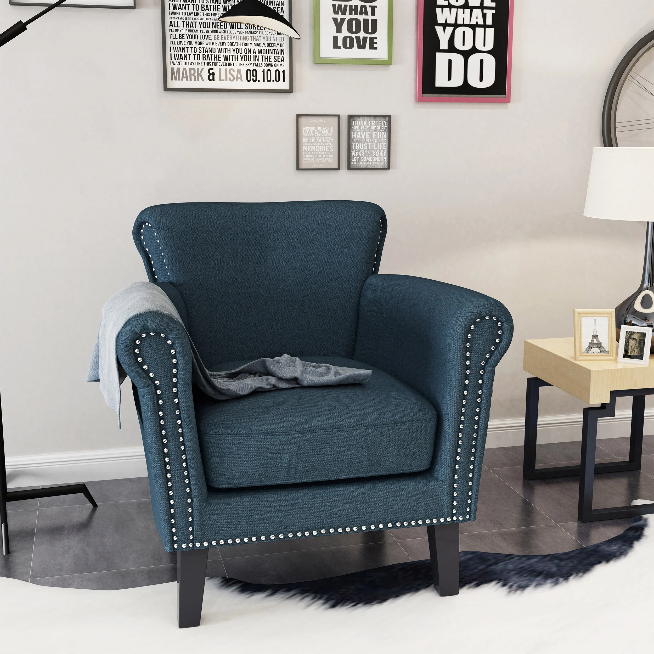 Elegant Navy Blue Fabric Club Chair with Nailhead Trim and Birch Wood Legs - Image 5