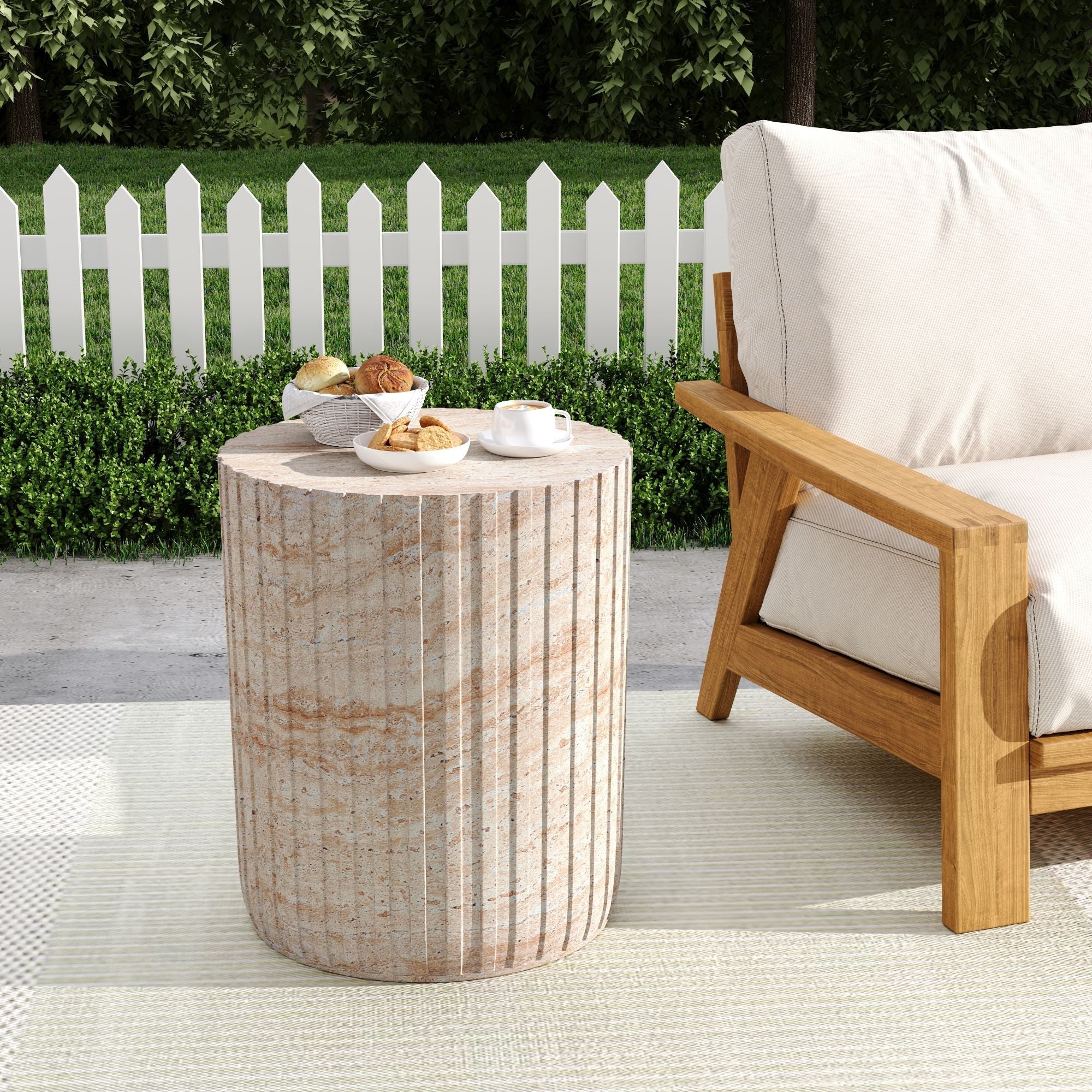 Elegant Outdoor / Indoor Lightweight Concrete Side Table With Travertine - Beige - Image 4
