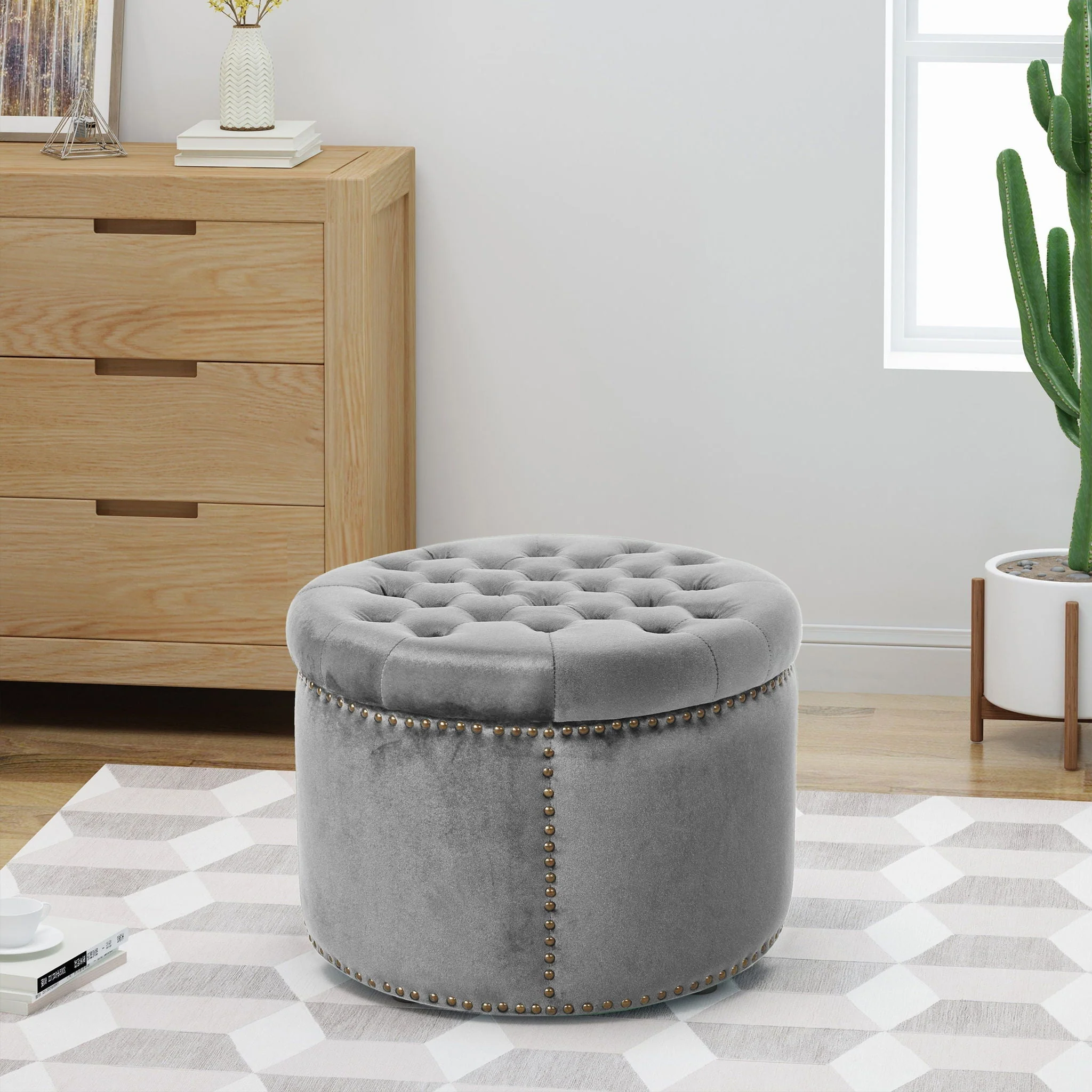 Elegant Round Ottoman Footstool With Studded Rim - Image 4