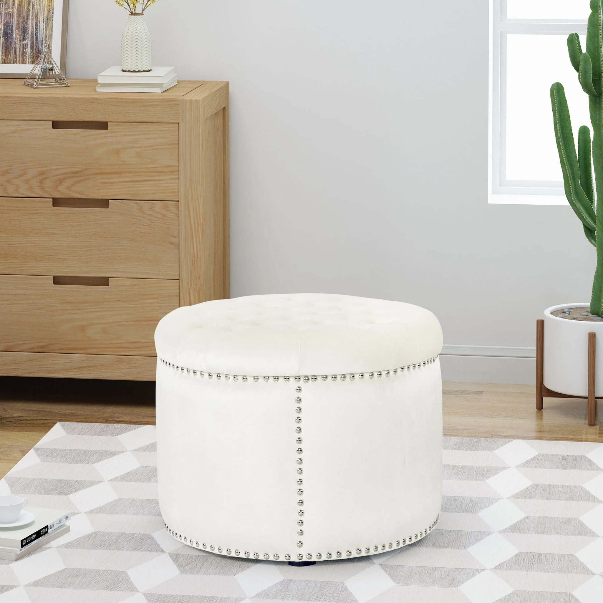 Elegant Round Ottoman Footstool With Studded Rim - Image 6