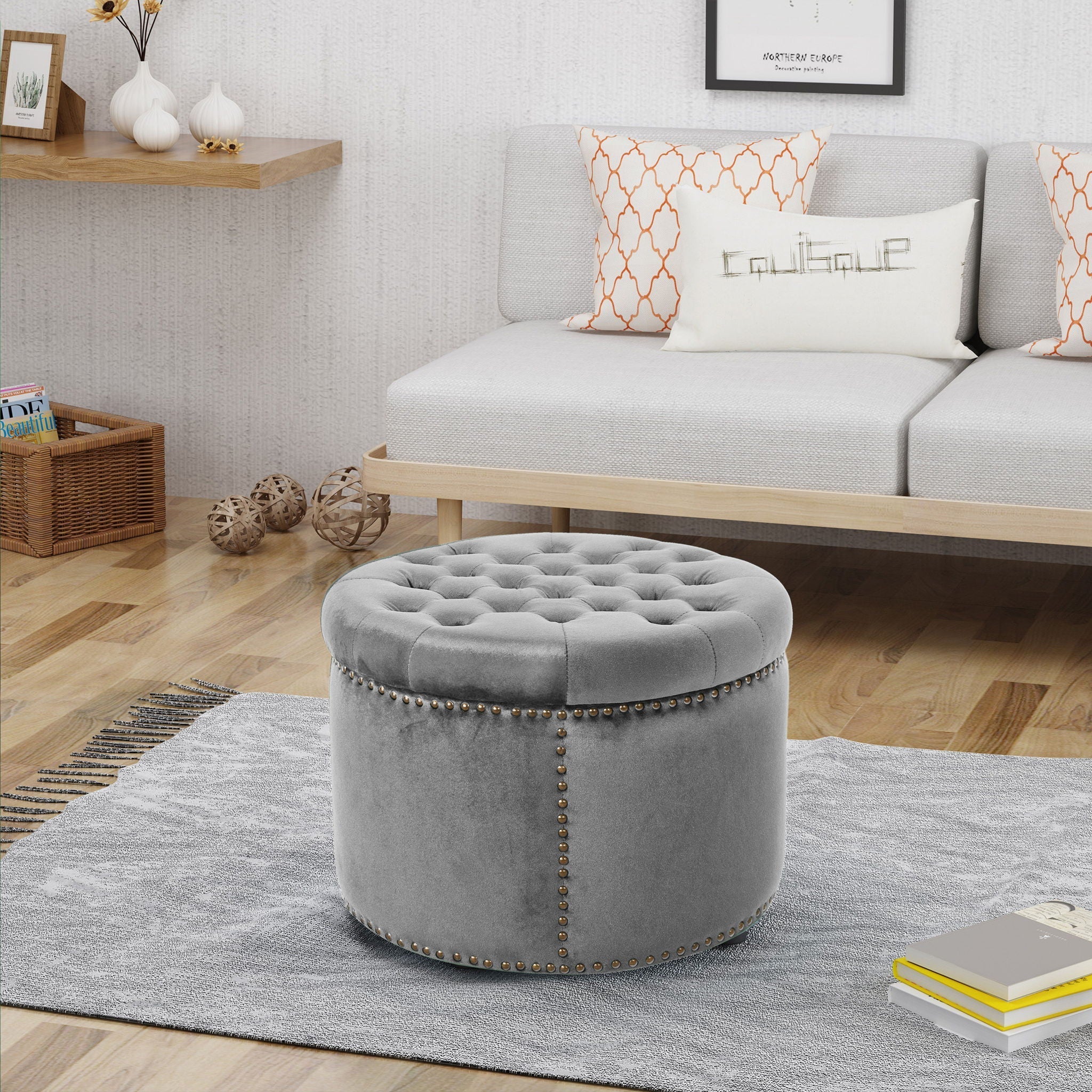 Elegant Round Ottoman Footstool With Studded Rim - Image 7