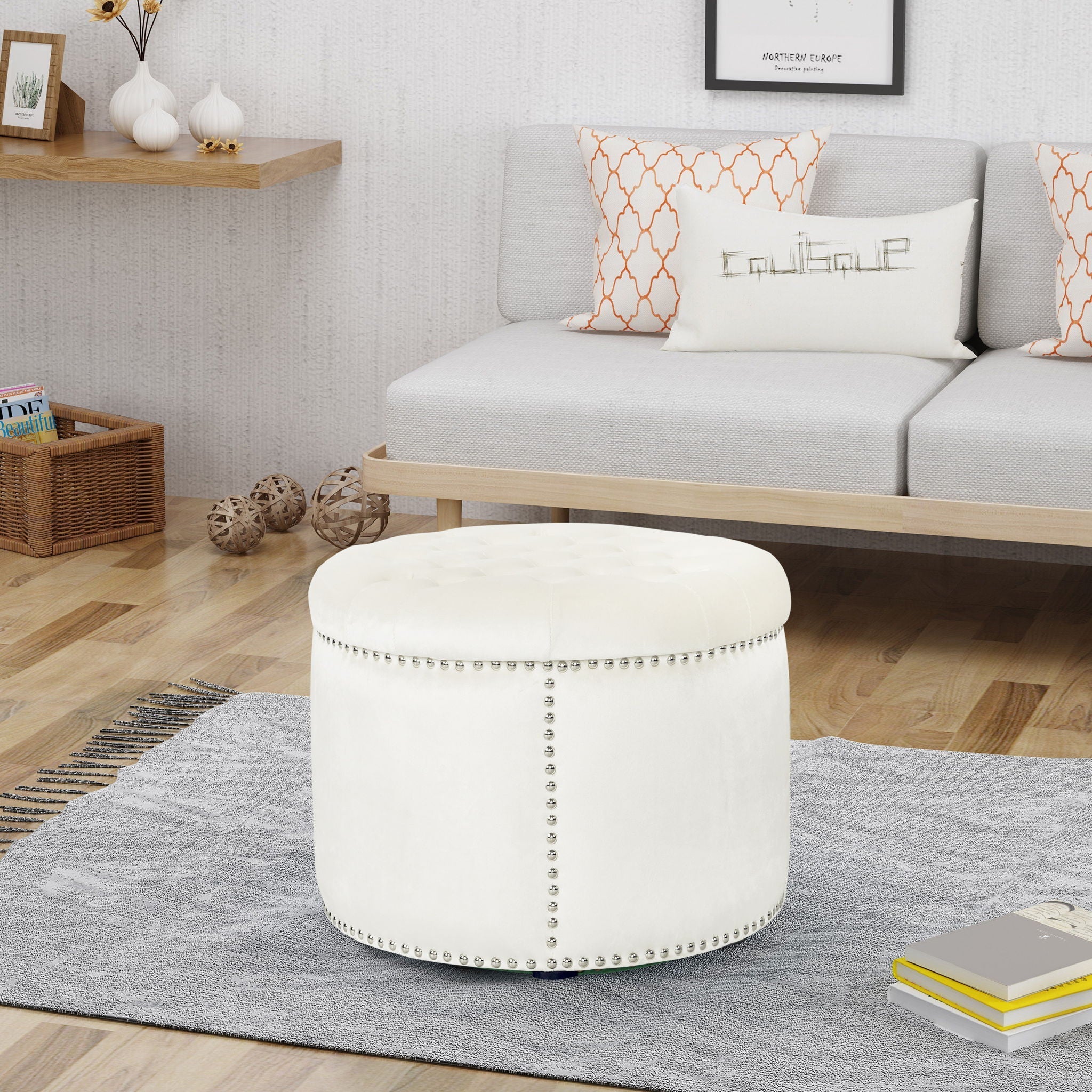 Elegant Round Ottoman Footstool With Studded Rim - Image 8