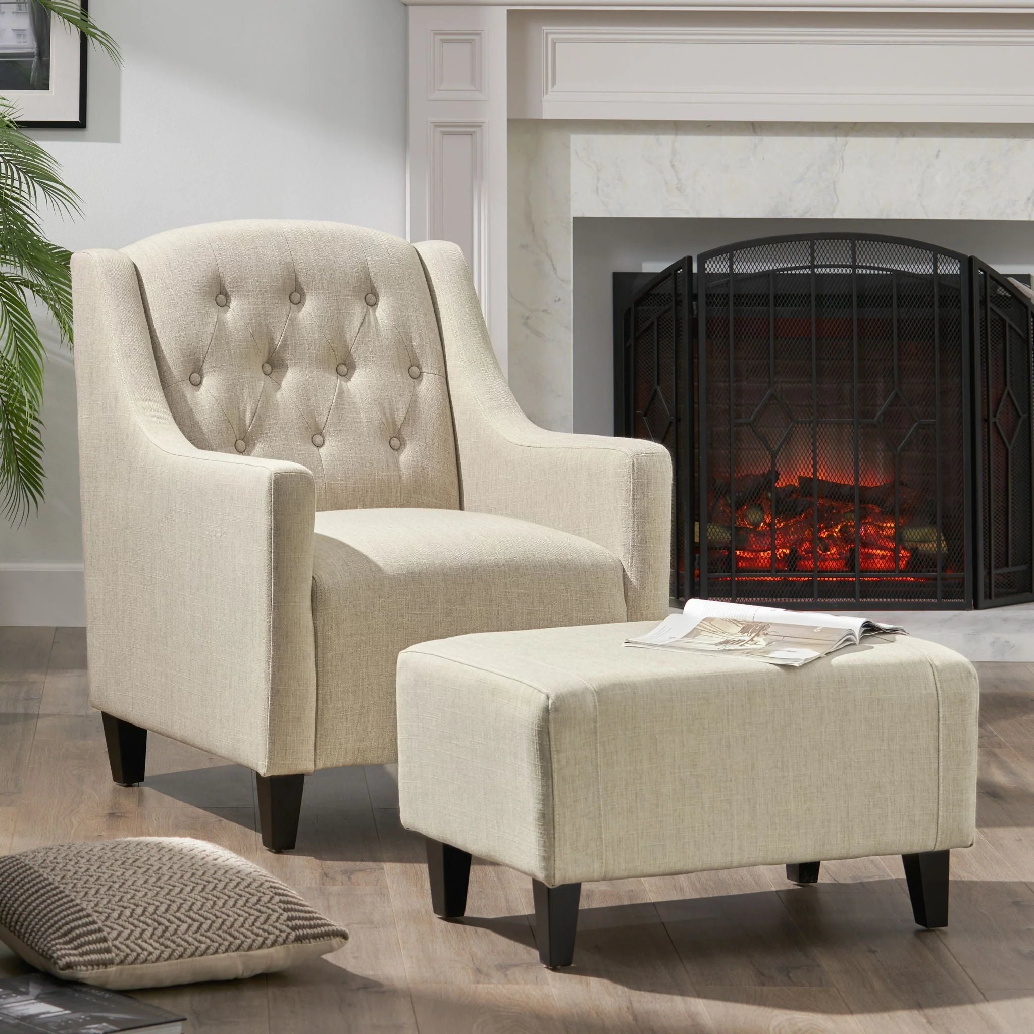 Elegant Upholstered Armchair With Ottoman Set - Beige - Image 3
