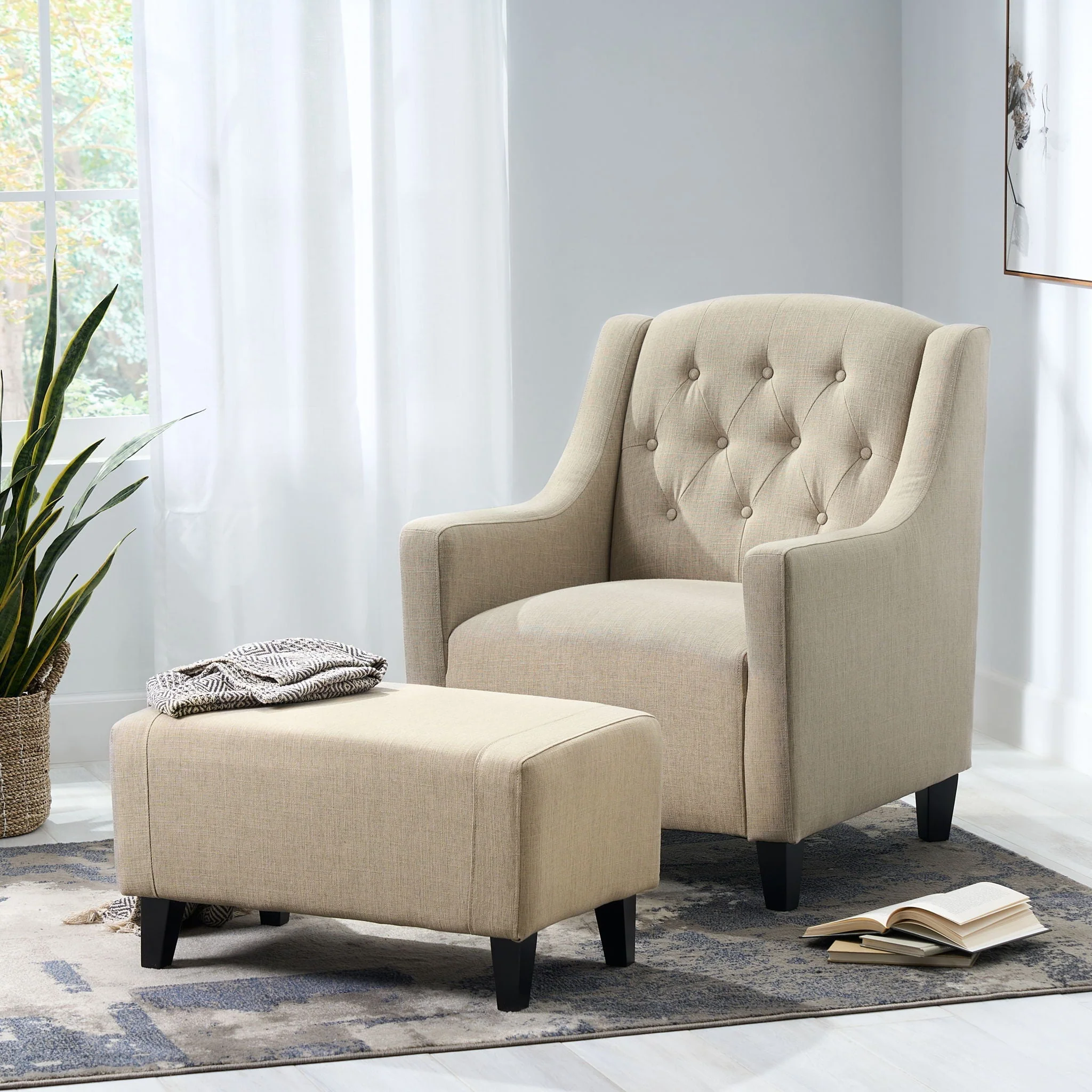 Elegant Upholstered Armchair With Ottoman Set - Beige - Image 4