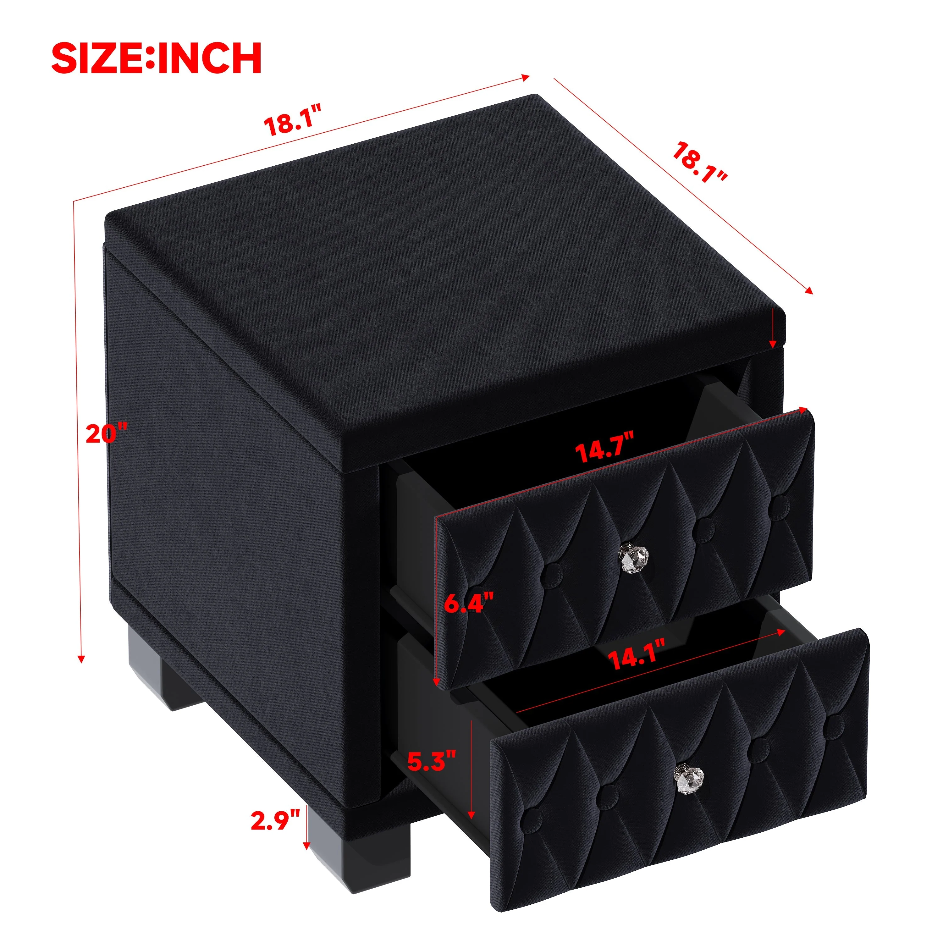 Elegant Velvet Nightstand with 2 Drawers and Crystal Handles - Image 10