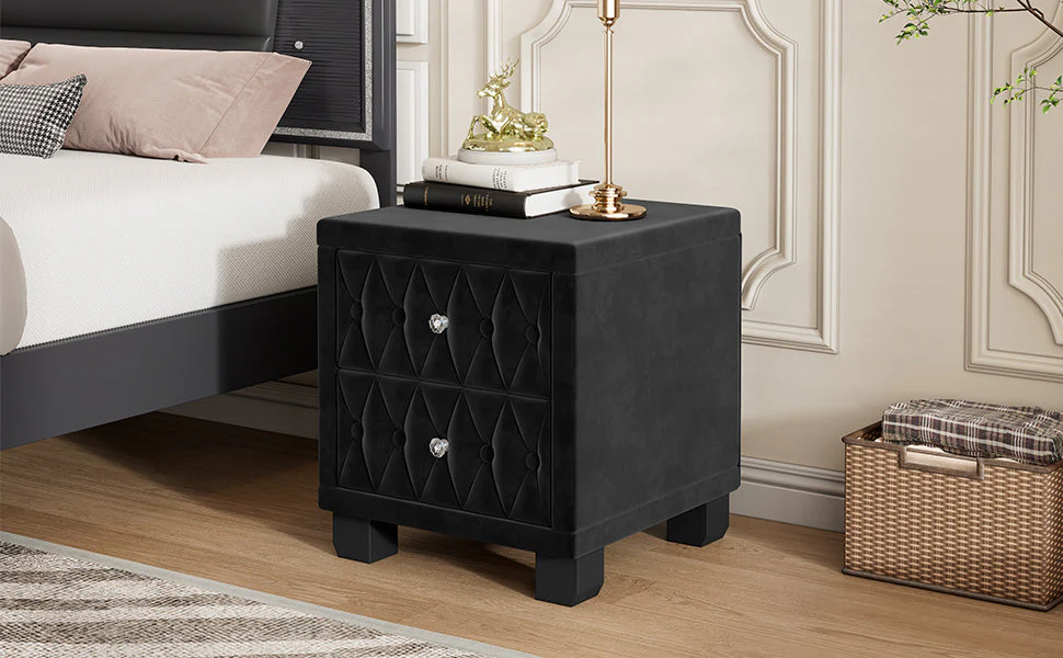 Elegant Velvet Nightstand with 2 Drawers and Crystal Handles - Image 11