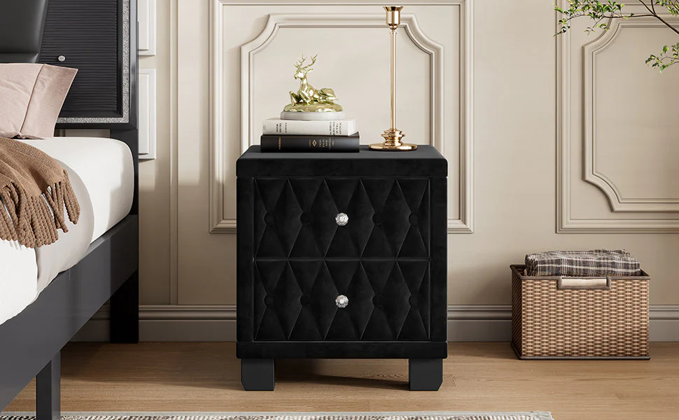 Elegant Velvet Nightstand with 2 Drawers and Crystal Handles - Image 12