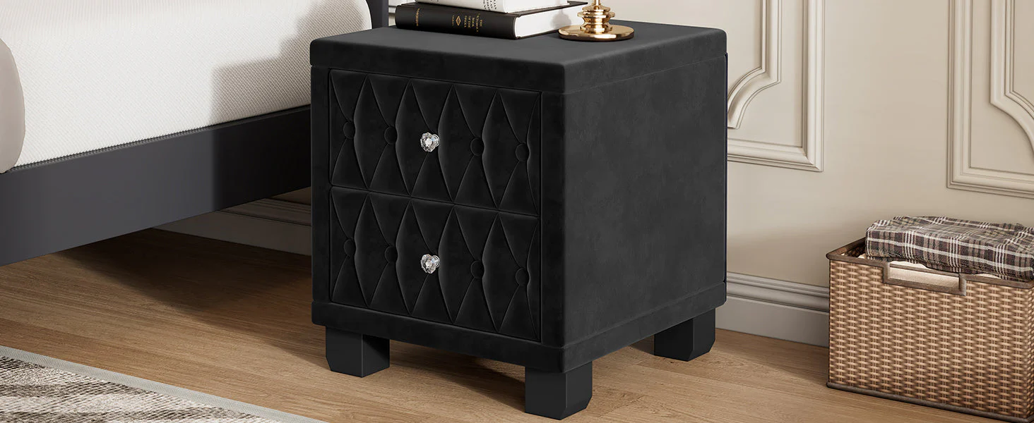 Elegant Velvet Nightstand with 2 Drawers and Crystal Handles - Image 13
