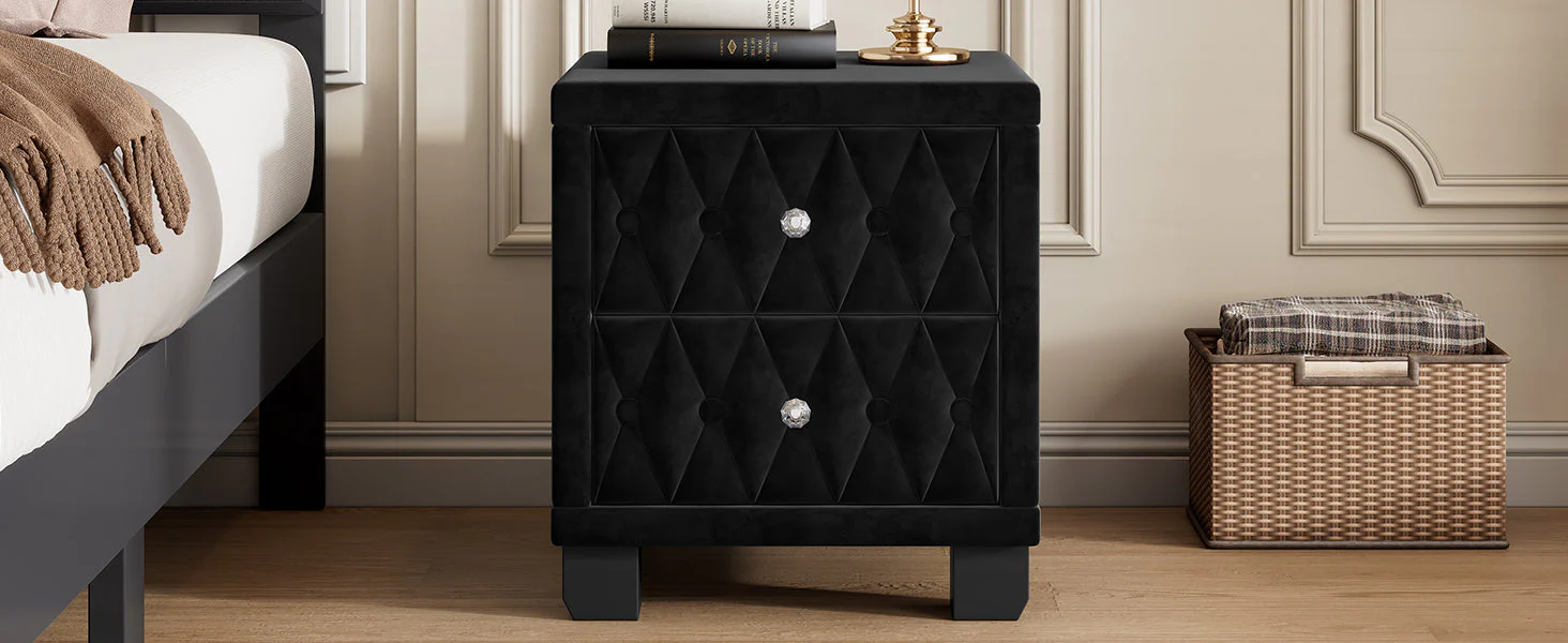 Elegant Velvet Nightstand with 2 Drawers and Crystal Handles - Image 14