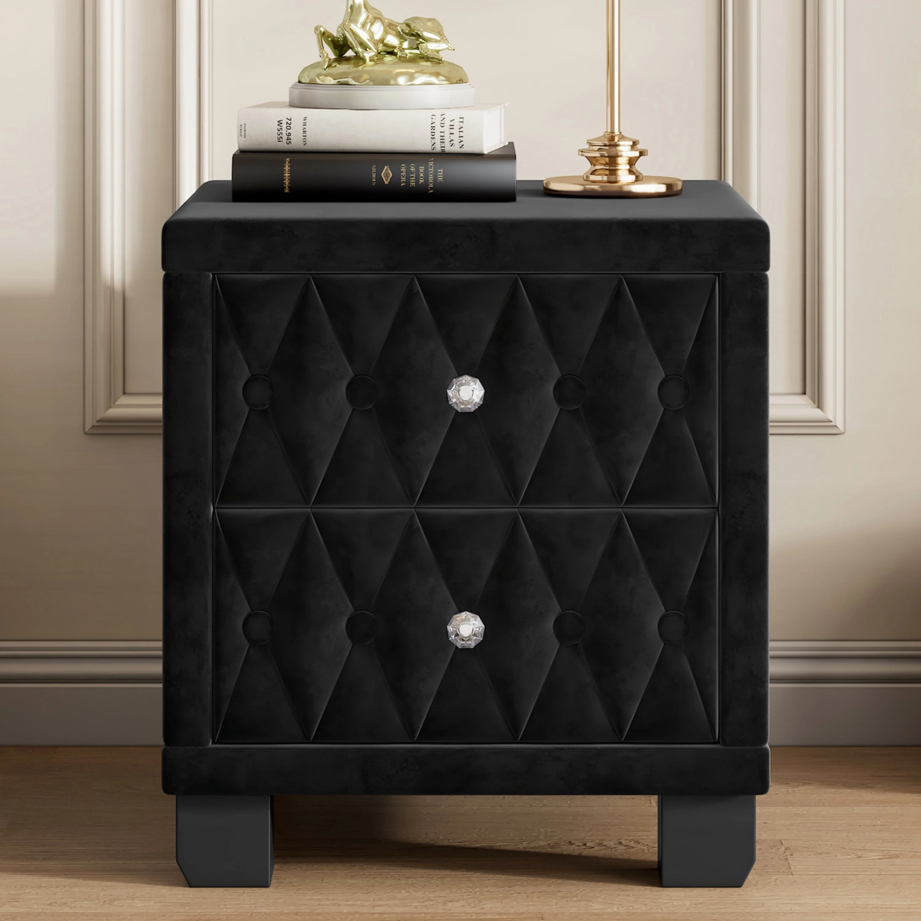 Elegant Velvet Nightstand with 2 Drawers and Crystal Handles - Image 2