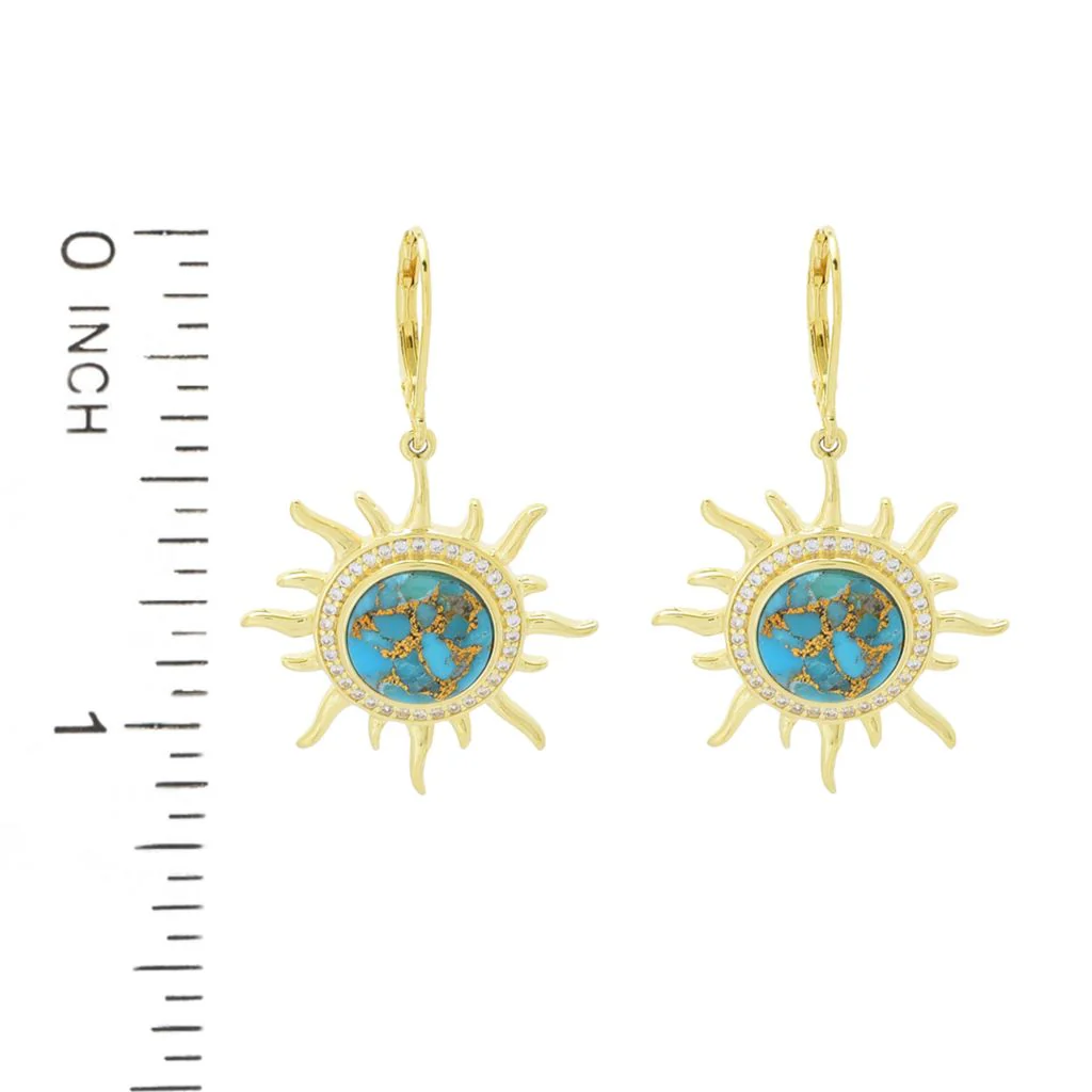 Elemental Gems 10mm Blue Copper Turquoise & Zircon Sun Drop Earrings - Image 2