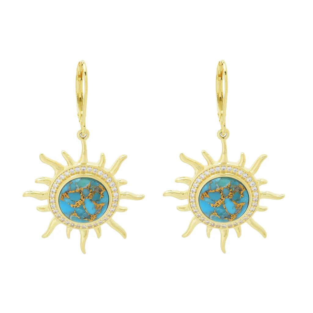 Elemental Gems 10mm Blue Copper Turquoise & Zircon Sun Drop Earrings - Image 3