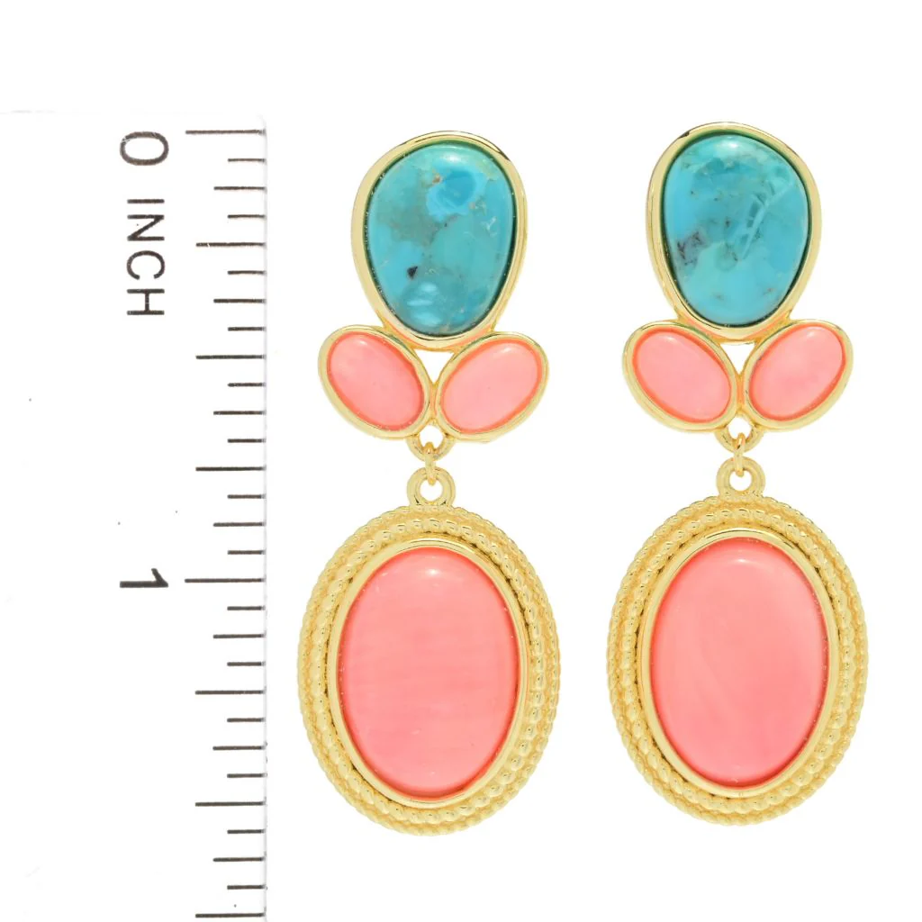 Elemental Gems 14x10mm Salmon Coral & Blue Mohave Turquoise Drop Earrings - Image 2